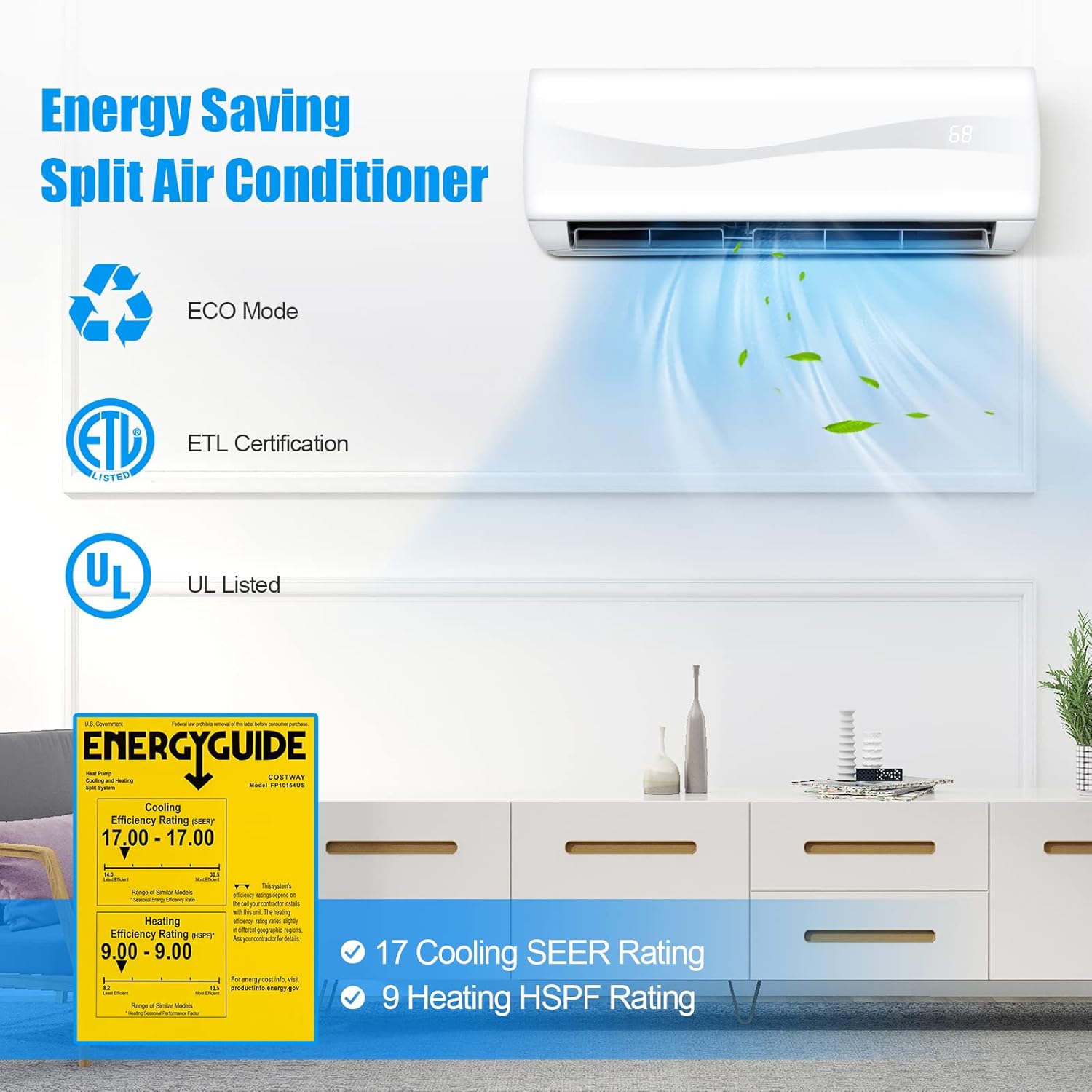 LDAILY Split Air Conditioner, Inverter Air Conditioner with 5 Operation Modes, 4 Speeds, & Self-cleaning Function, Remote Control & Installation Kit Included, Good Performance Ac Unit (18000Btu, 220V)