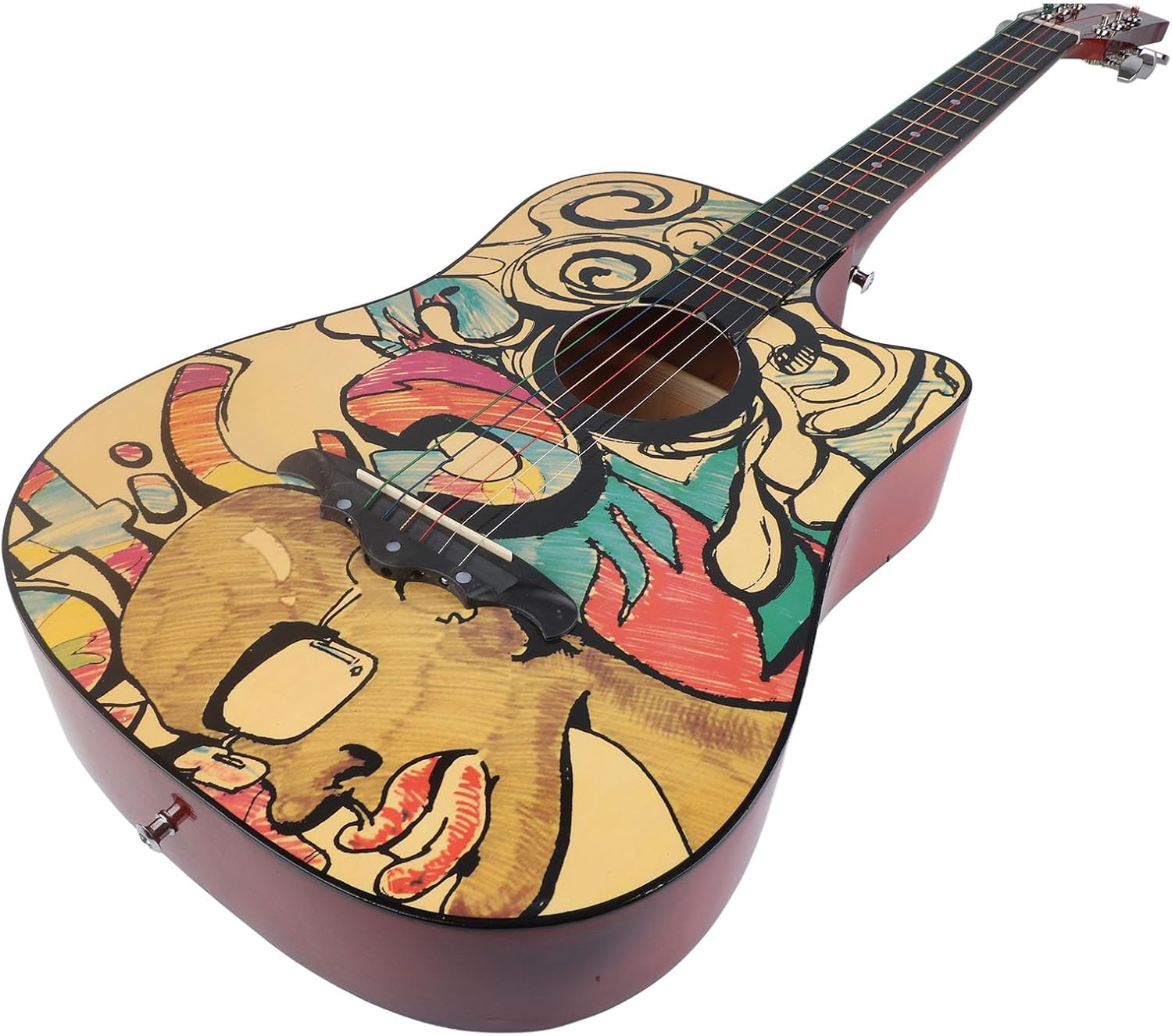 Wooden Guitar, 38in Acoustic Guitar with High Density Fingerboard and Graffiti Pattern, for Beginner