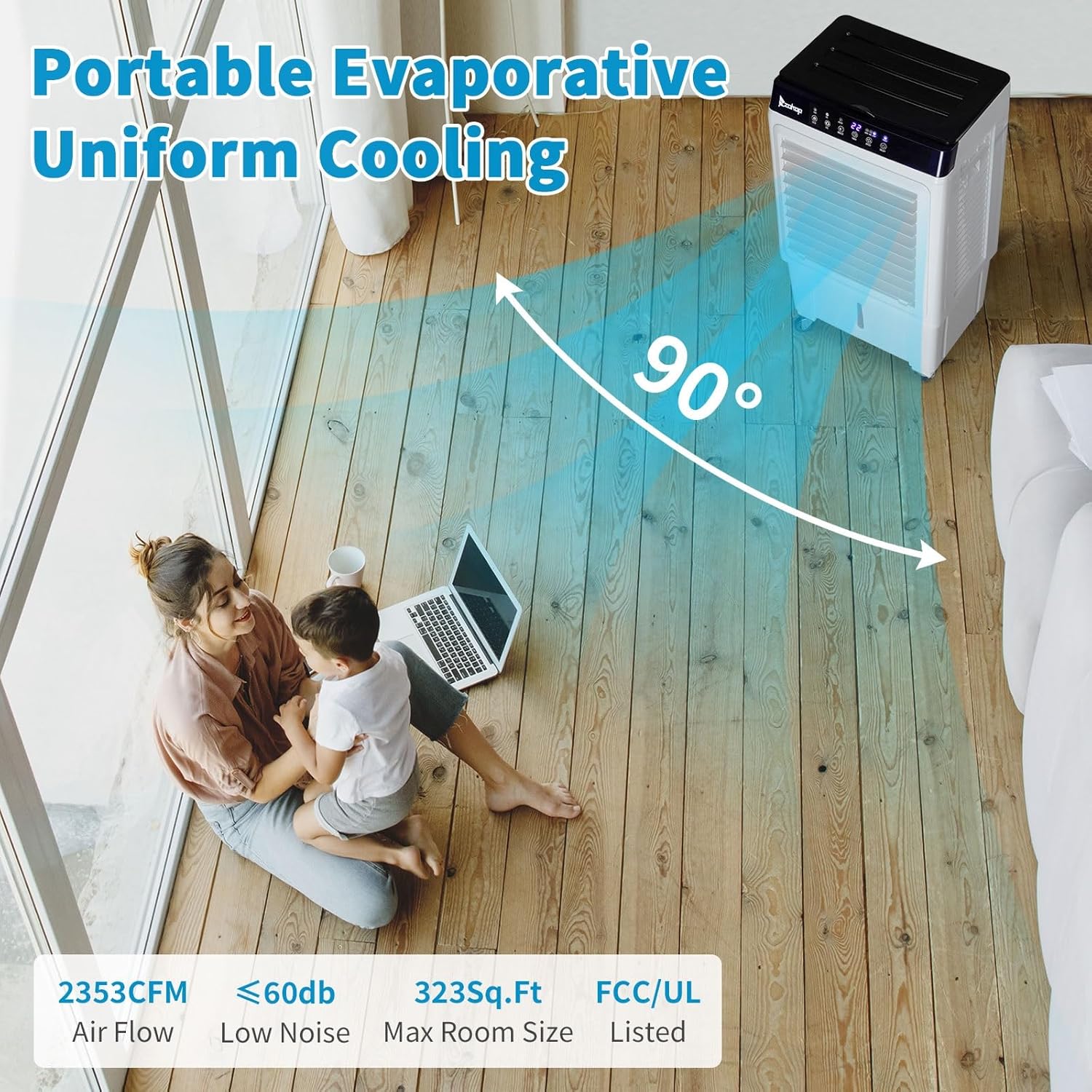 3 in 1 Portable Evaporative Cooler with 4 Ice Packs & 7.93 Gal Large Water Tank, 2353CFM Cooling Fan with Remote, 7.5H Timer, 3 Speeds, 90° Oscillation, Air Conditioner Portable for Indoor Outdoor