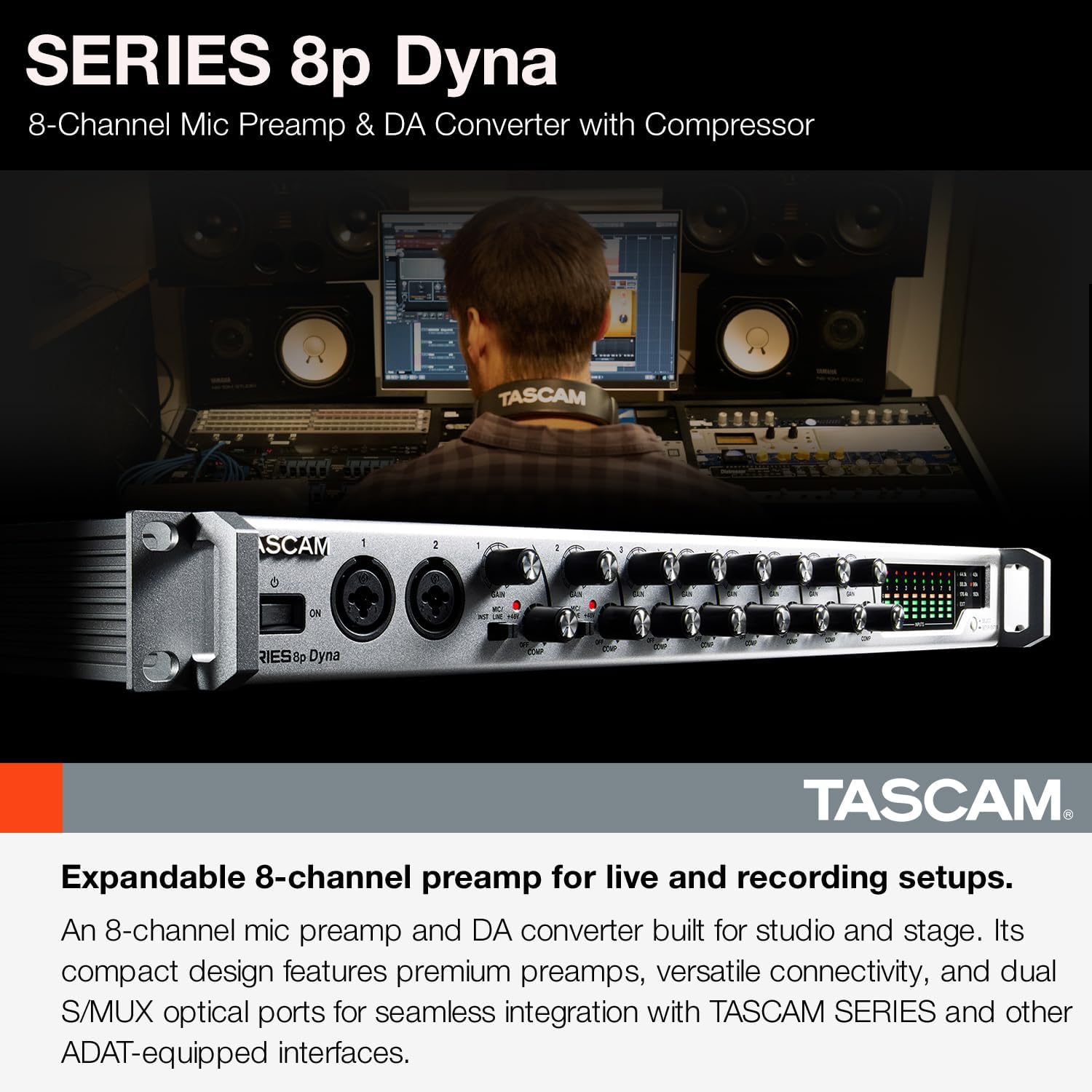 Tascam Series 8p Dyna Microphone Preamp for Recording, 8 Combo XLR/TRS, SMUX x 2, 8 Compressors, 8 outputs (SERIES8PDYNA)