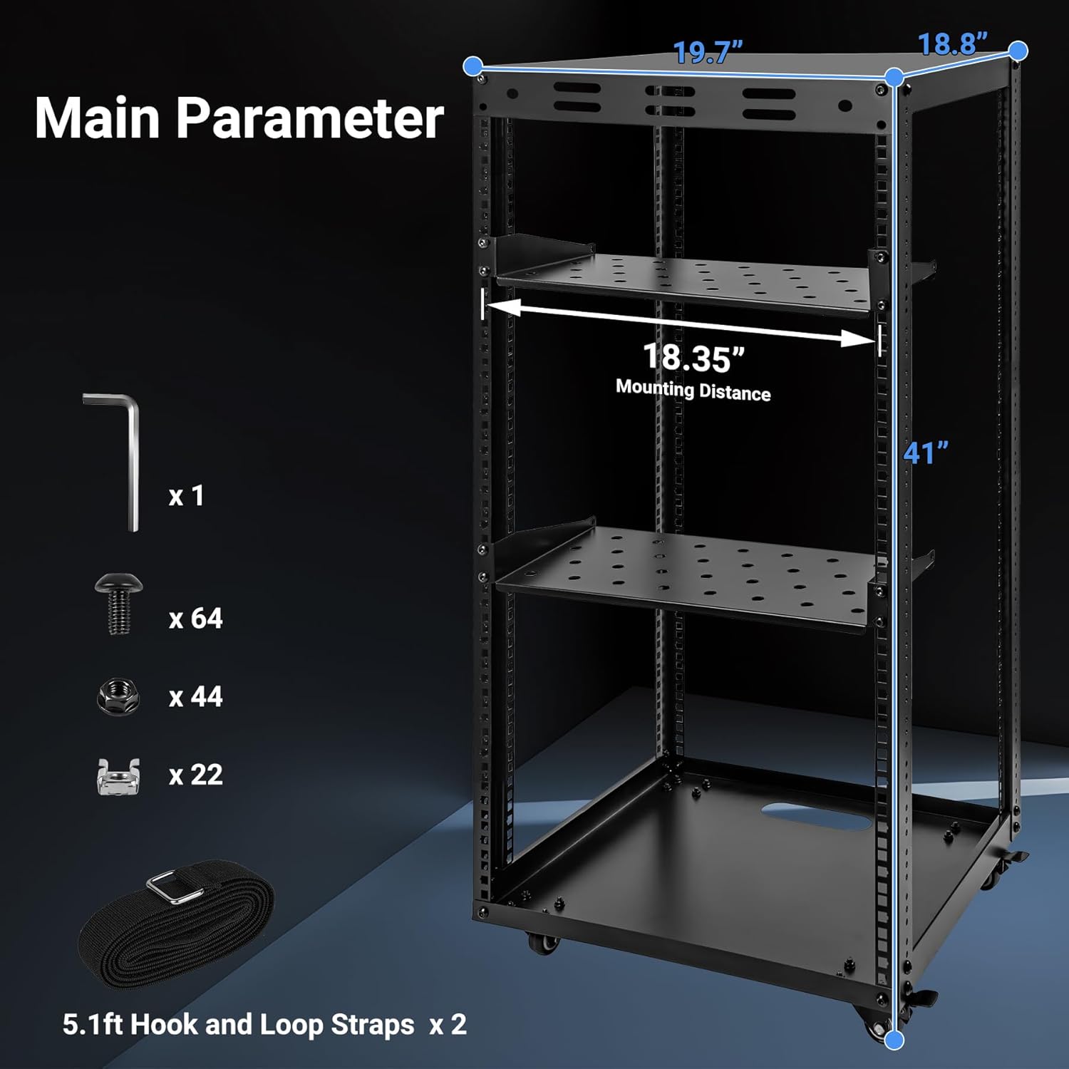 20U Server Rack w/ 2 Racks, Versatile Open Frame IT Rack - Wall-Mount, Rotate and Push w/Ease, AV Rack w/Top & Bottom Panels, Hook and Loop Straps for 19