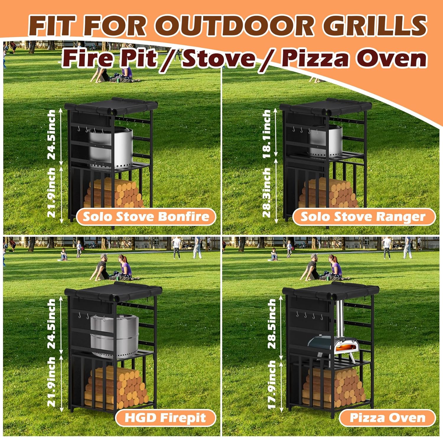 Firewood Storage Rack for Solo Stove Bonfire Ranger Yukon Fire Pit Accessories, Black Steel with Powder Coated Finish, Adjustable Shelves, Waterproof Cover, 29.9