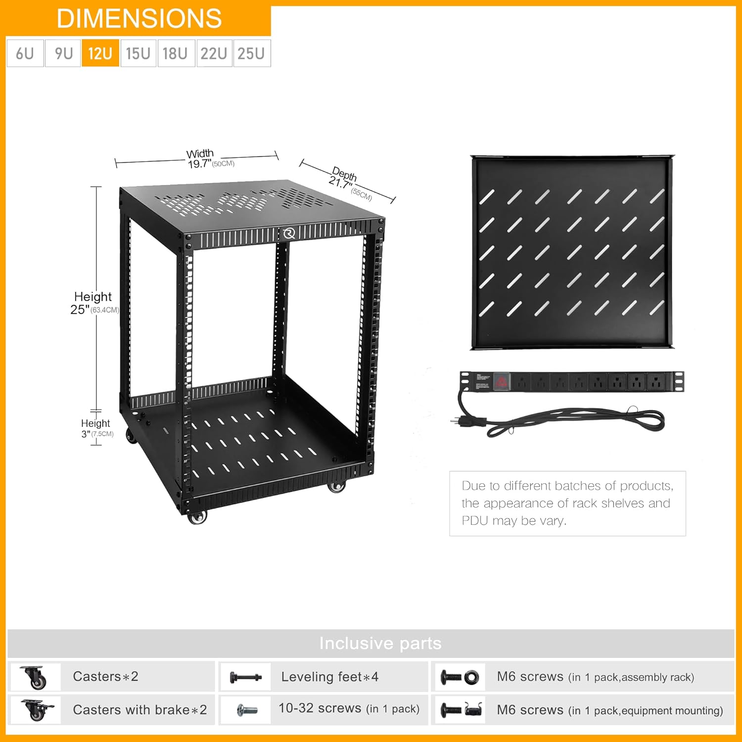 RIVECO 12U Network Rack with Reinforced Top Cover - 4 Post Floor Rack on Wheels for 19