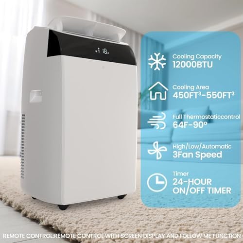 12000 BTU Portable Air Conditioners, Portable AC Unit for Camping, 3 Cooling Fan & Dehumidifier With Remote Control, Cools Up to 550 Sq.Ft, for Camping, Bedroom, Living Room, Home Office