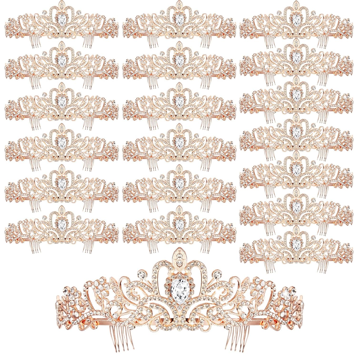 Tigeen 20 Pcs Crystal Tiara Crowns Princess Crown for Women Crown with Combs Rhinestone Princess Tiara Bride Crown for Birthday Party Bridal Wedding Prom Hair Accessories(Rose Gold)