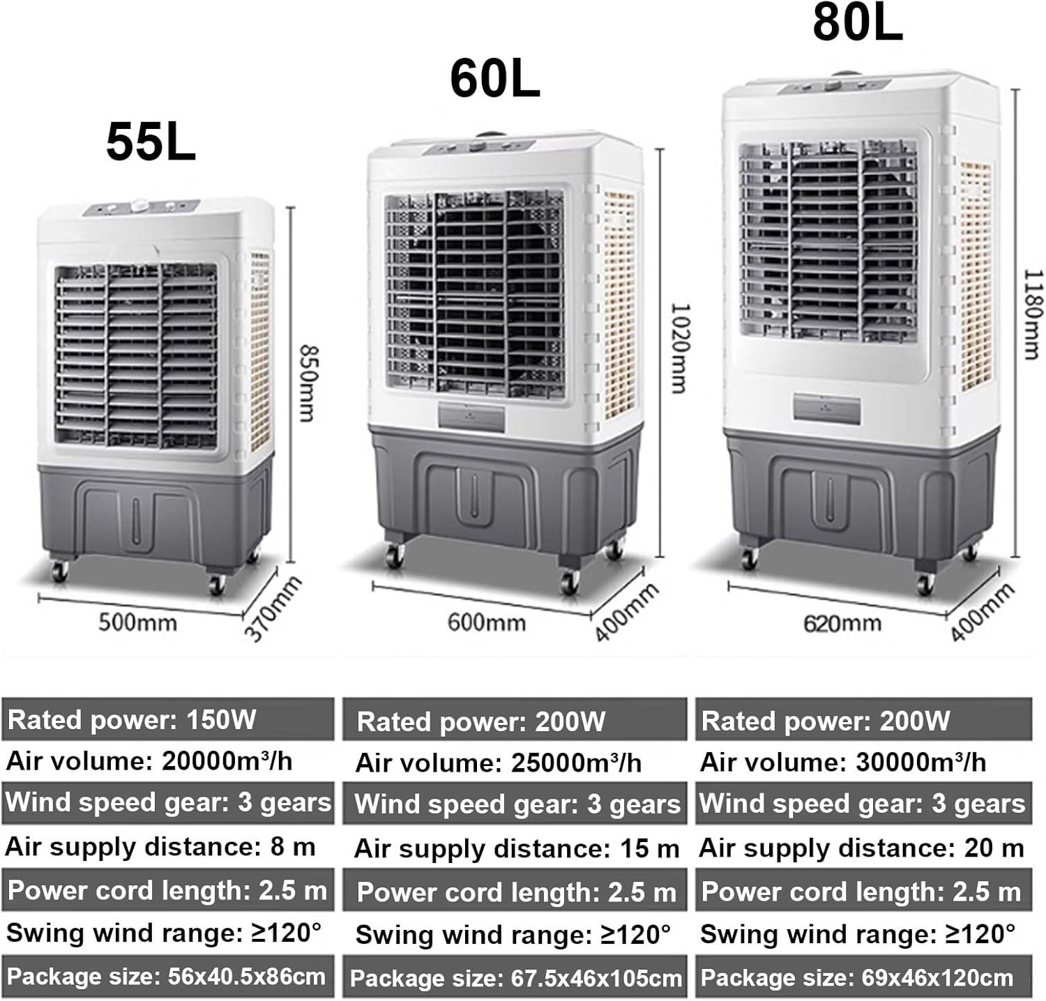 Portable Air Cooler, 3 In 1 Evaporative Air Conditioner with 80L Large Capacity Water Tank, Oscillating Louvres, Lightweight, Low Noise, 3 Wind Speeds for Outdoor Indoor Use (Size : 80L)