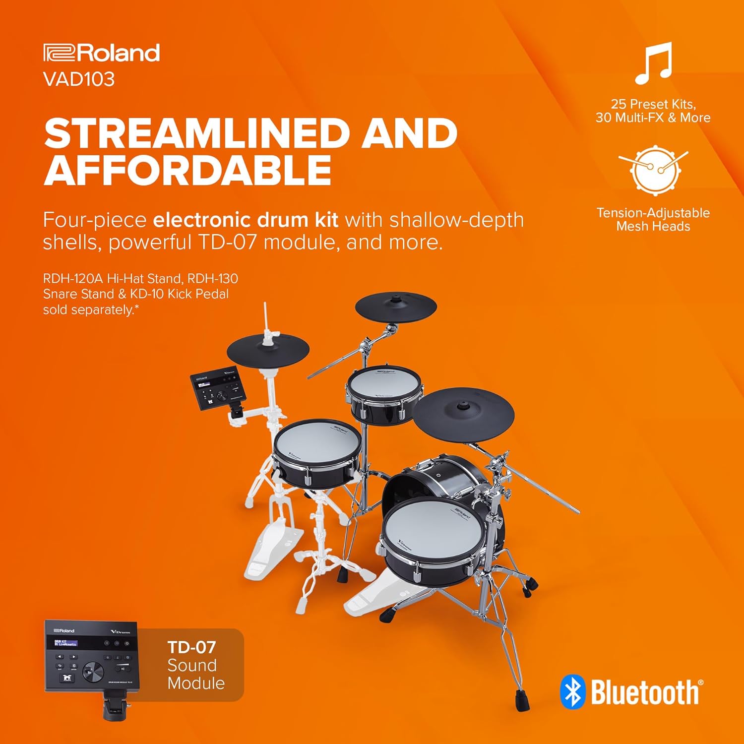 Roland VAD103 V-Drums | Premium 4-Piece Electronic Acoustic Design Drum Kit with Shallow-Depth Shells