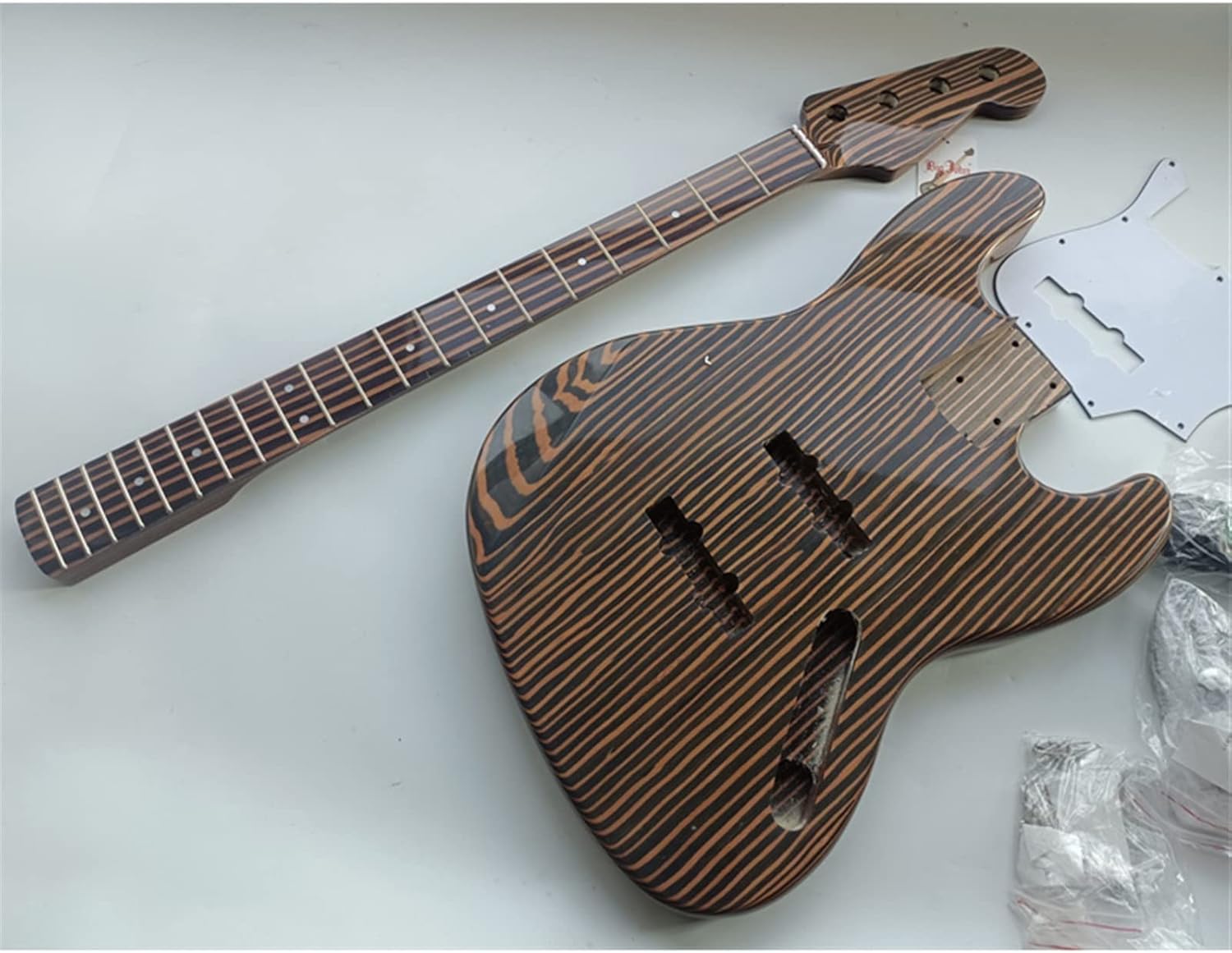 TSTS 4 String Electric Bass Guitar Zebrawood Body and Zebrawood Neck and Fingerboard DIY Kit Unfinished Electric Guitar Kit