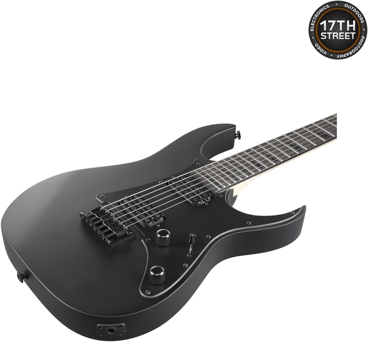 Ibanez 6-String Solid-Body Electric Guitar (Black Flat) - Full Right Handed Bass with GSF50 Powerpad Strap, String Capo, 15 Pack Guitar Picks with Storage Box & Microfiber Cleaning Cloth (Bundle Set)