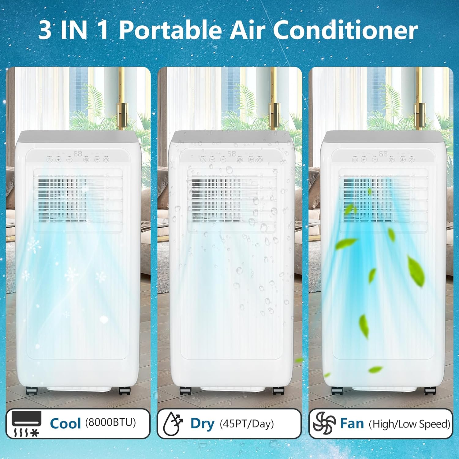 Portable Air Conditioners for Rooms Up to 350 Sq Ft, Cool,Dehumidifier & Fan 3 Modes Air Conditioner, 8000 Btu Portable Ac Units with Remote Control, Wheels, LED for Rooms/Office, White