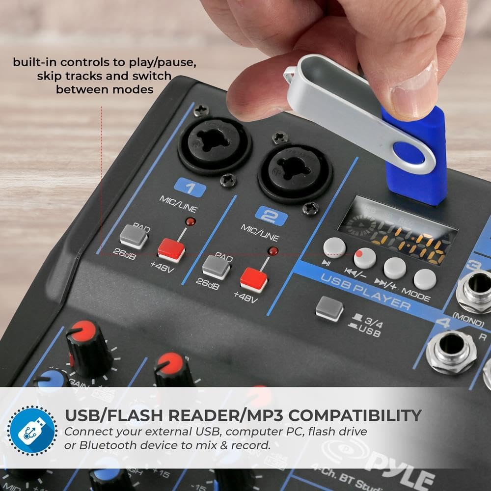 Pyle Professional Audio Mixer Sound Board Console System- Interface 4 Channel Digital USB Bluetooth MP3 Computer Input 48V Phantom Power Stereo DJ Studio Streaming FX 16-Bit DSP Processor- PMXU43BT.5