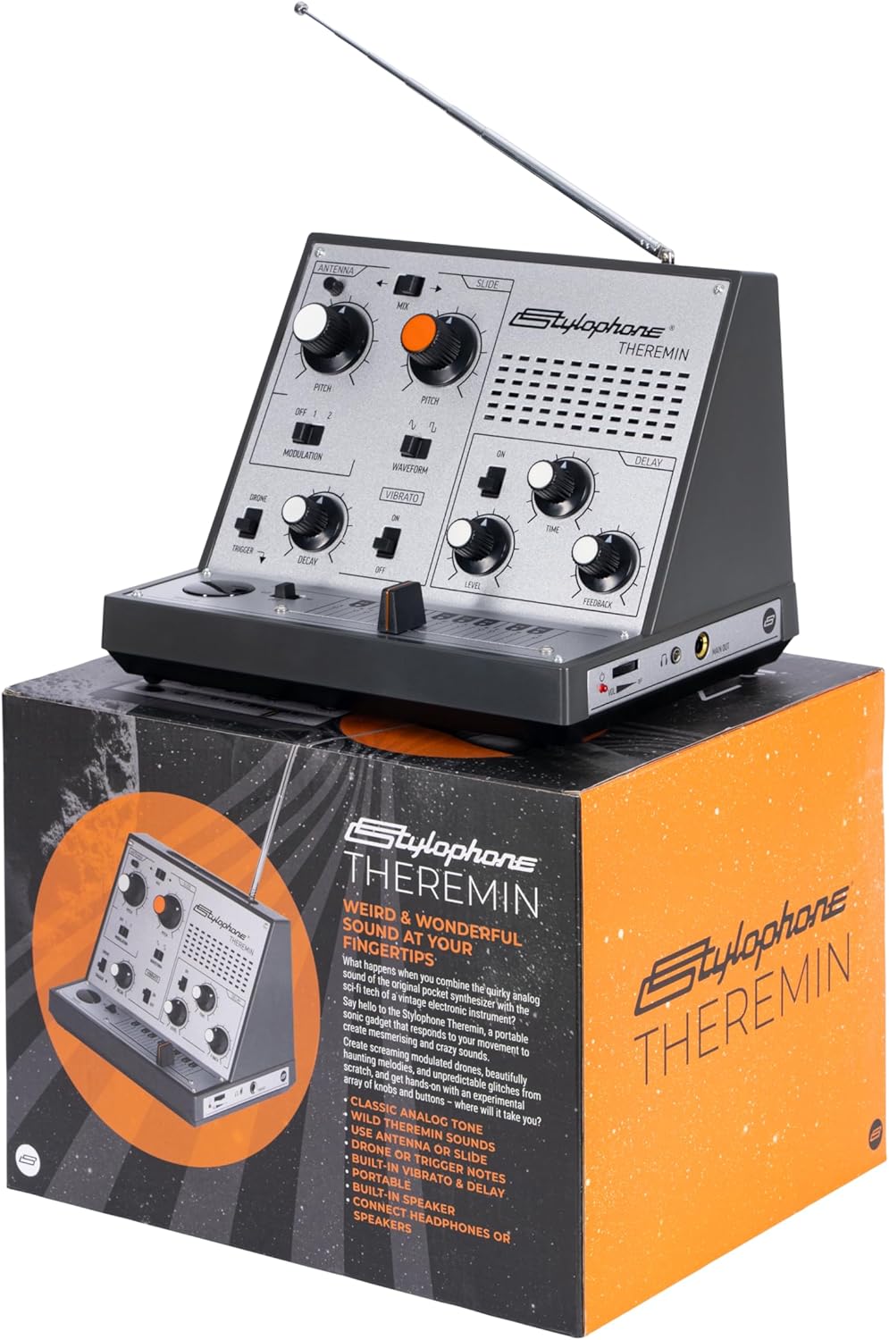 Stylophone Theremin – Award-Winning Portable Touch-Sensitive Synthesizer with Retro Analog Sound, Built-In Speaker, Delay & Vibrato Effects, Slider Control, Compact Battery-Powered Design