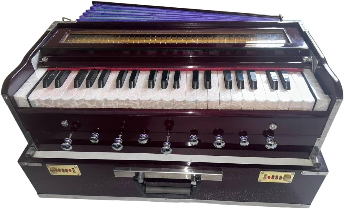 Folding Harmonium Instrument, 9 Stopper, Rosewood Color, 3 1/2 Octave, Coupler, Indian Musical Instrument
