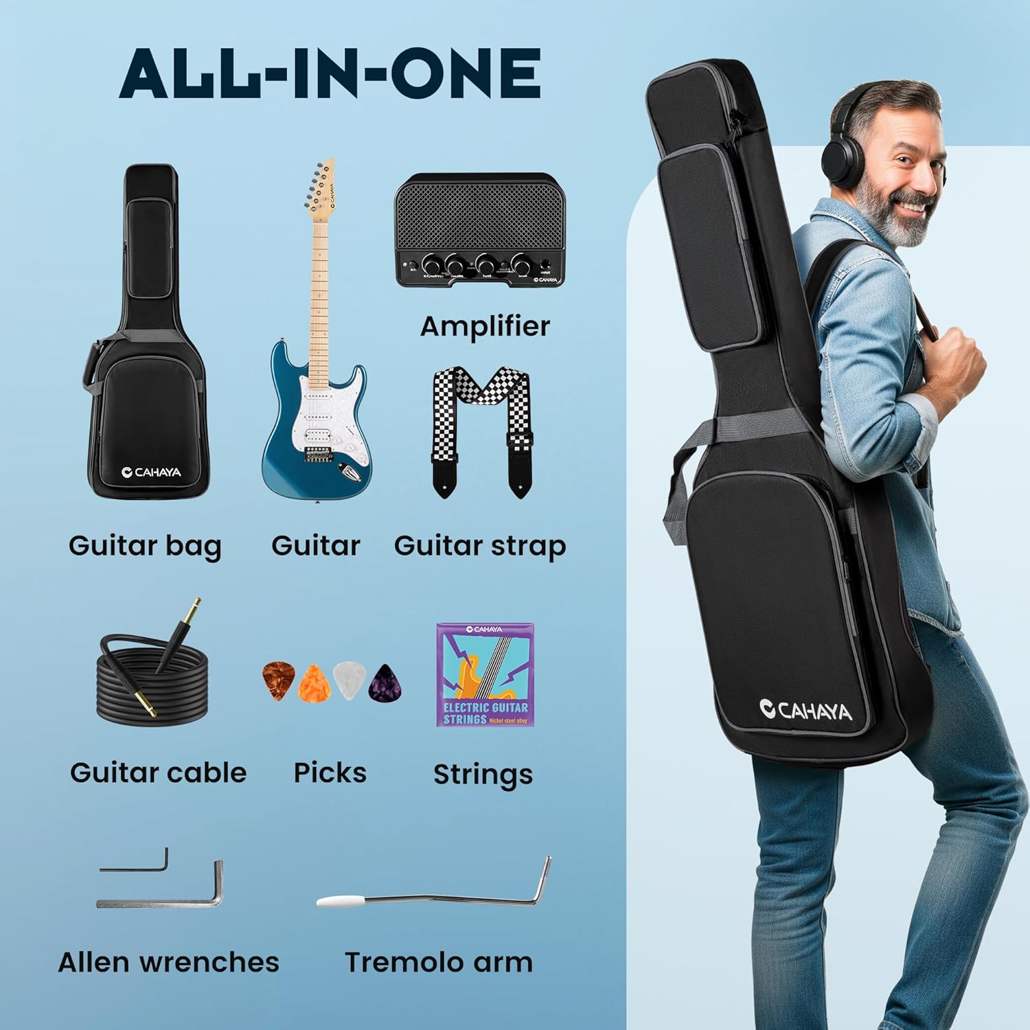 CAHAYA Electric Guitar Set Beginner - 39in Starter Guitar Kit with HSS Pickup Solid Okoume Body Electric Guitar Adults with Amplifier Gig Bag Strap Picks Strings Cable Blue