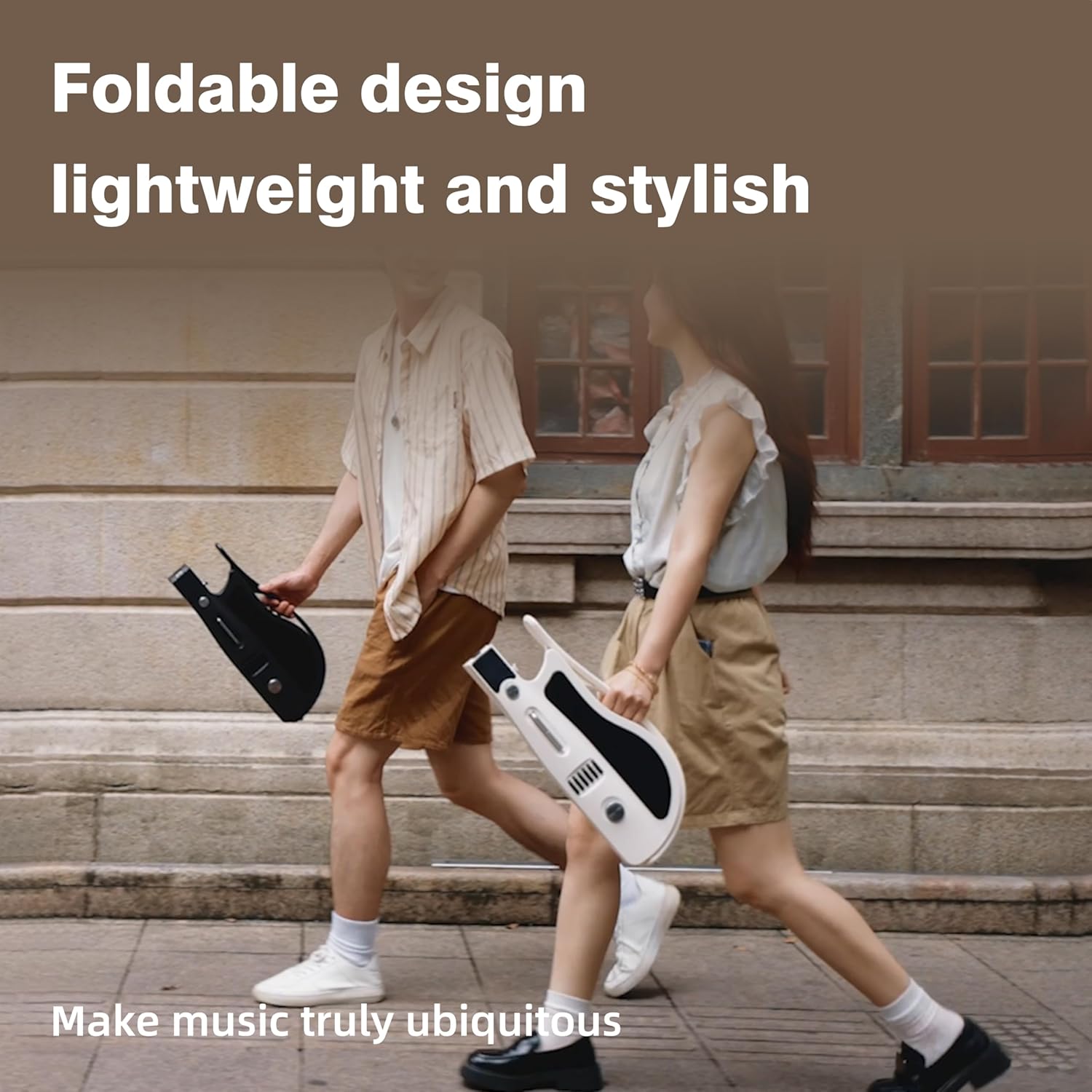 Smart Guitar, Stringless Guitar, Portable and Foldable with App Control, Chord Generator, Built-in Drum Machine & Speakers, 100 Tones, for Beginners & Bands, White