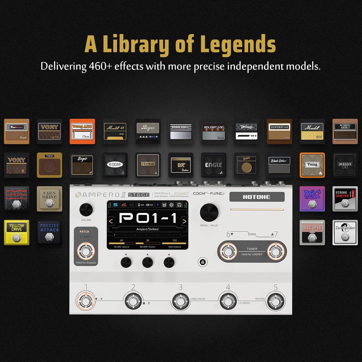 HOTONE Multi-Effects Pedal Dual Effect Chains with FX Loop MIDI I/O Stereo OTG USB Audio Interface Touch Screen Ampero II Stage(Include 10 PCS Additional Footswitch Toppers By VOLKTONE)