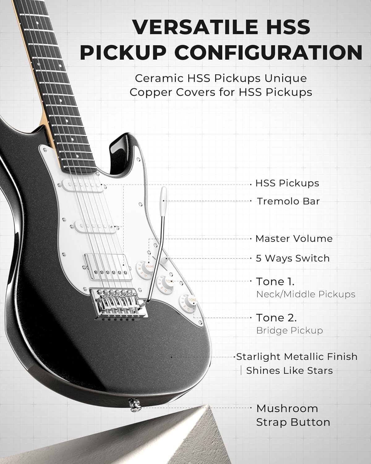 Fesley 39 Inch Electric Guitar: Beginner Electric Guitar Kit with HSS Pickup, Full Size Solid Body Guitar Starter Set with Amplifier, Bag, Strap, String, Cable, Picks, FST100, Black