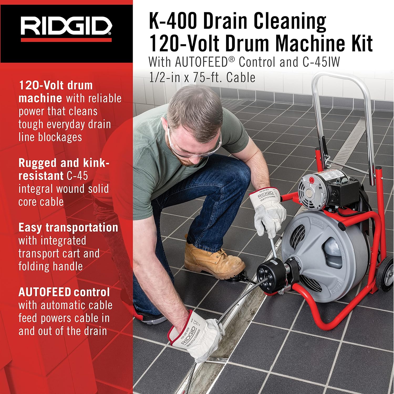 Ridgid 27013 K-400AF 115Volt C45IW Drum Machine with C45 Integral Wound Cable with Autofeed
