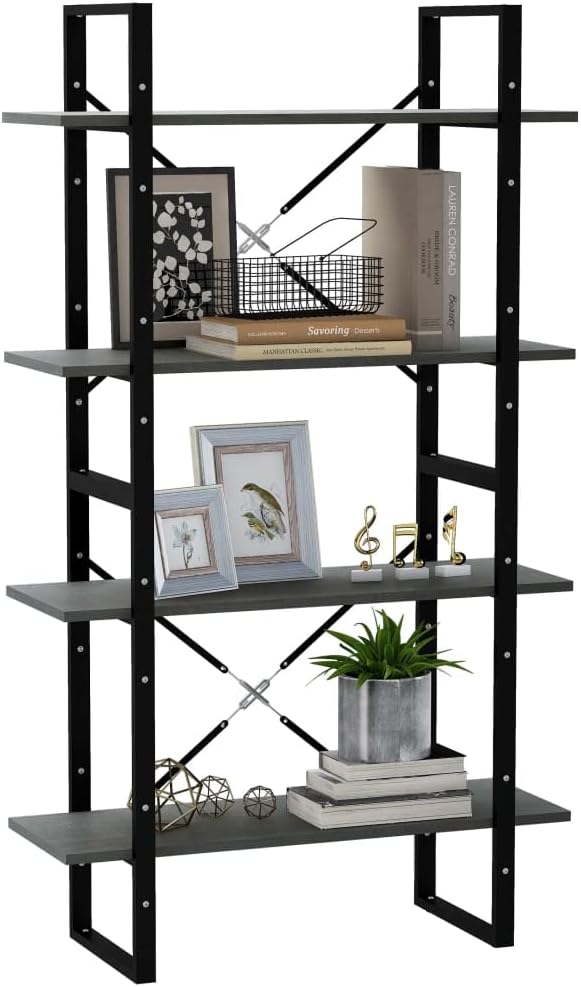 Grey Solid Pine Wood Book Cabinet, 4-Tier Display Shelf, Industrial Modern Bookcase for Living Room, Office, 11.8 x 31.5 x 55.1 in Office Furniture