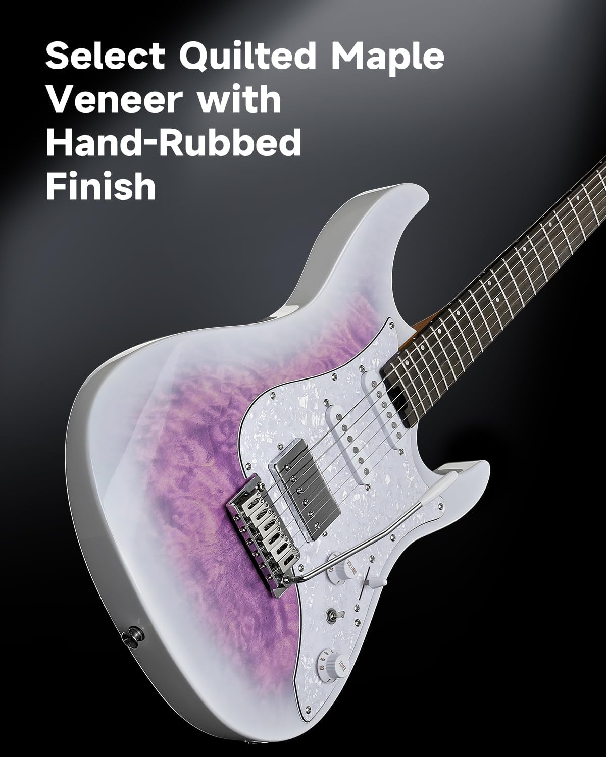 Donner 39 Inch Electric Guitar, DST-550 Color Gradient Poplar Body, Laurel Fretboard & Maple Veneer, 7 Tone Options, Tremolo Bridge, for Intermediate & Pro Players, Bonus Bag – Amethyst white burst