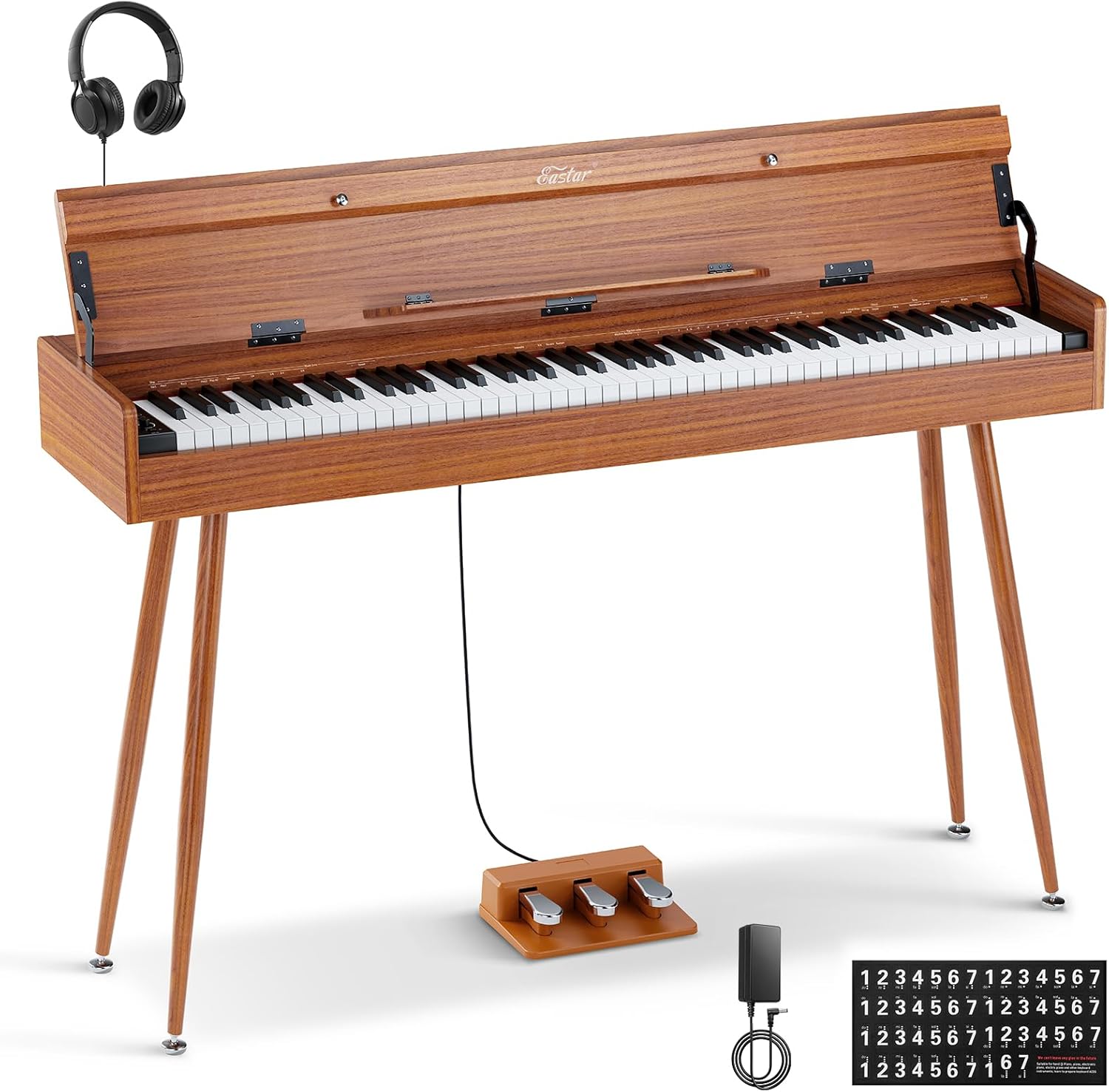 Eastar EUP-100 88 Key Weighted Keyboard Piano, Full-Size Home Digital Piano for Beginner, with Cover, Headphone, Music Stickers, Three-Pedal, Wireless Conection, Recording, MIDI - Retro Wood Color