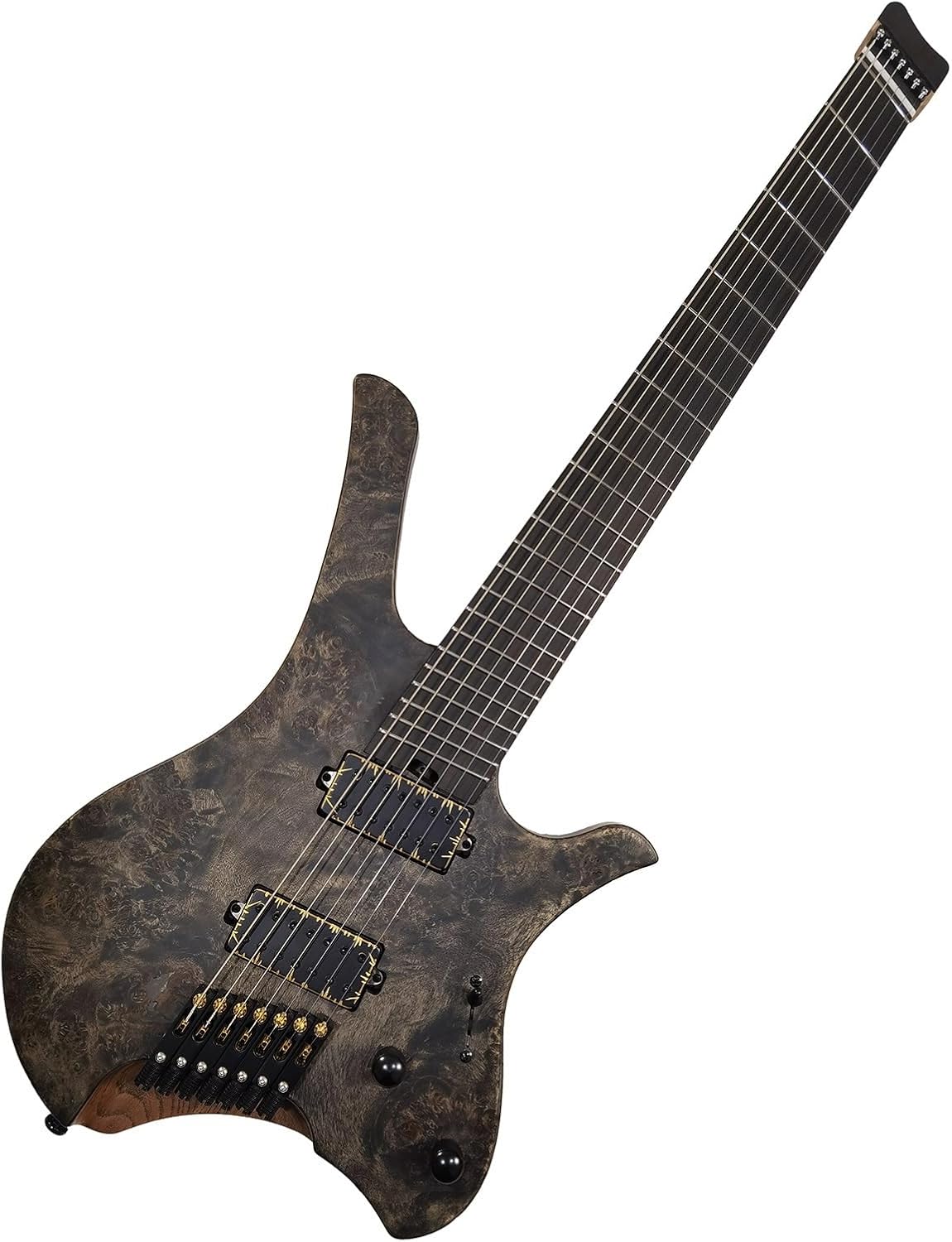 VENEKA Headless Electric Guitar 7 Strings Fan-Shaped Stainless Steel Frets Ash Wood Body Handmade Headless Electric Guitar with Black Hardware
