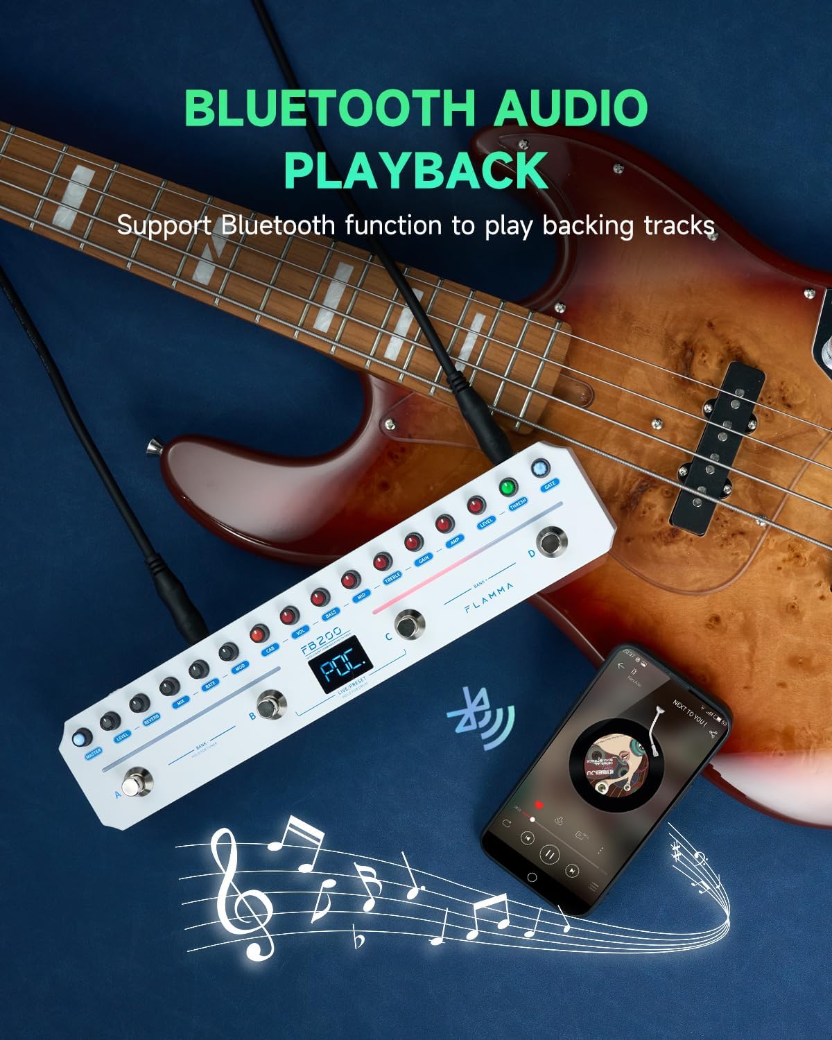 FLAMMA FB200 Bass Multi-Effects Pedal Intelligent Processor with 10 Bass-specific AMP models 10 CAB Sim 9 IR Slots 40 Drum Rhythm 40 Presets 5 Mod 5 Reverb Tuner APP Control Headphone Output