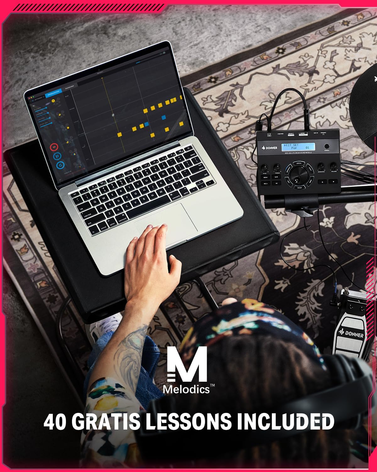 Electric Drums, Donner DED-200 LITE Electronic Drum Kit for Beginner with 450+ Sounds, USB MIDI, Quiet Mesh Pads, Throne, Headphones, Sticks and 40 Melodics Lessons