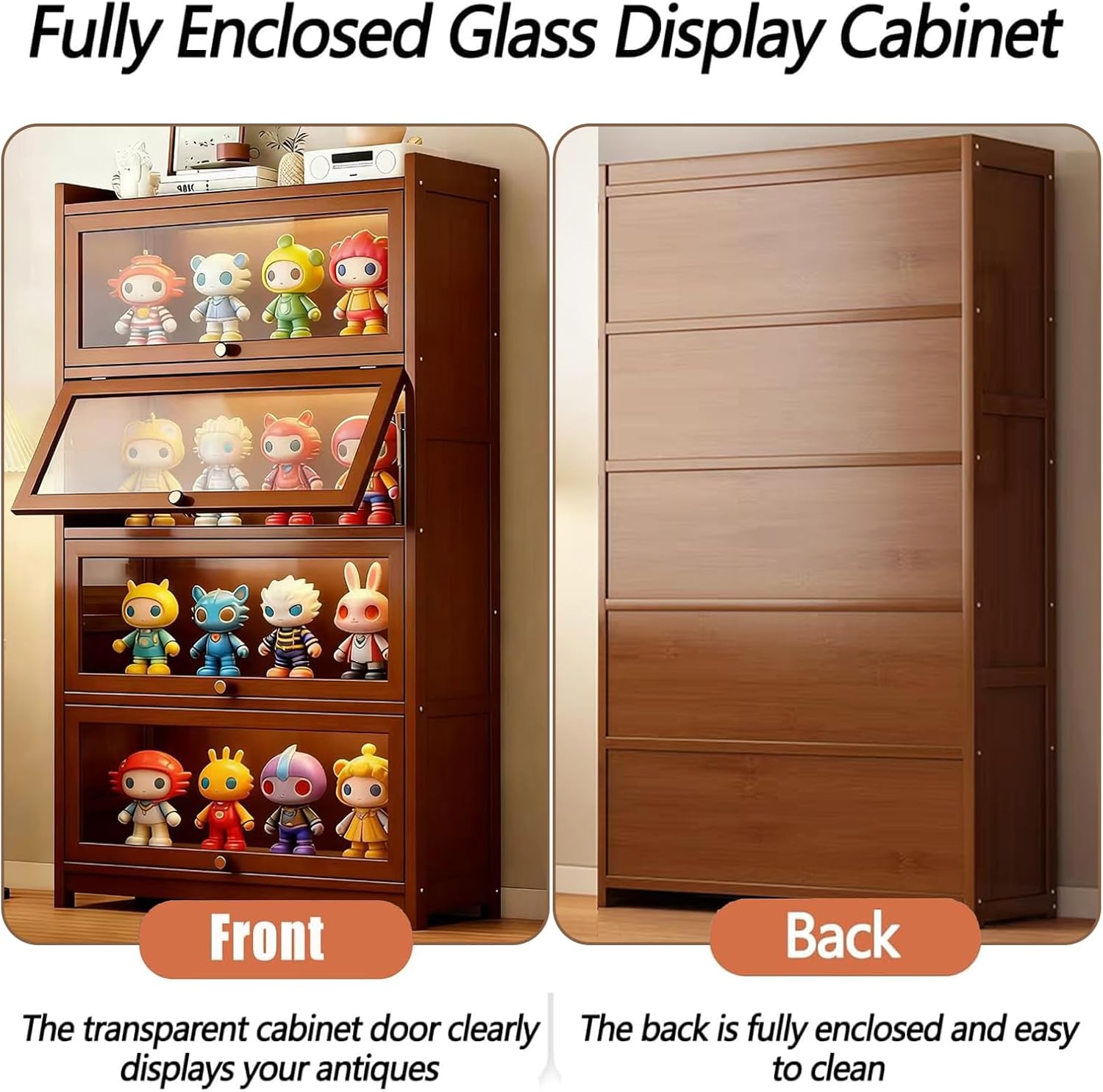 Bamboo Bookshelf with Acrylic Doors, 4-Tier Tall Bookcase with Flip-Up Doors, Freestanding Display Cabinet for Living Room/Study, Brown