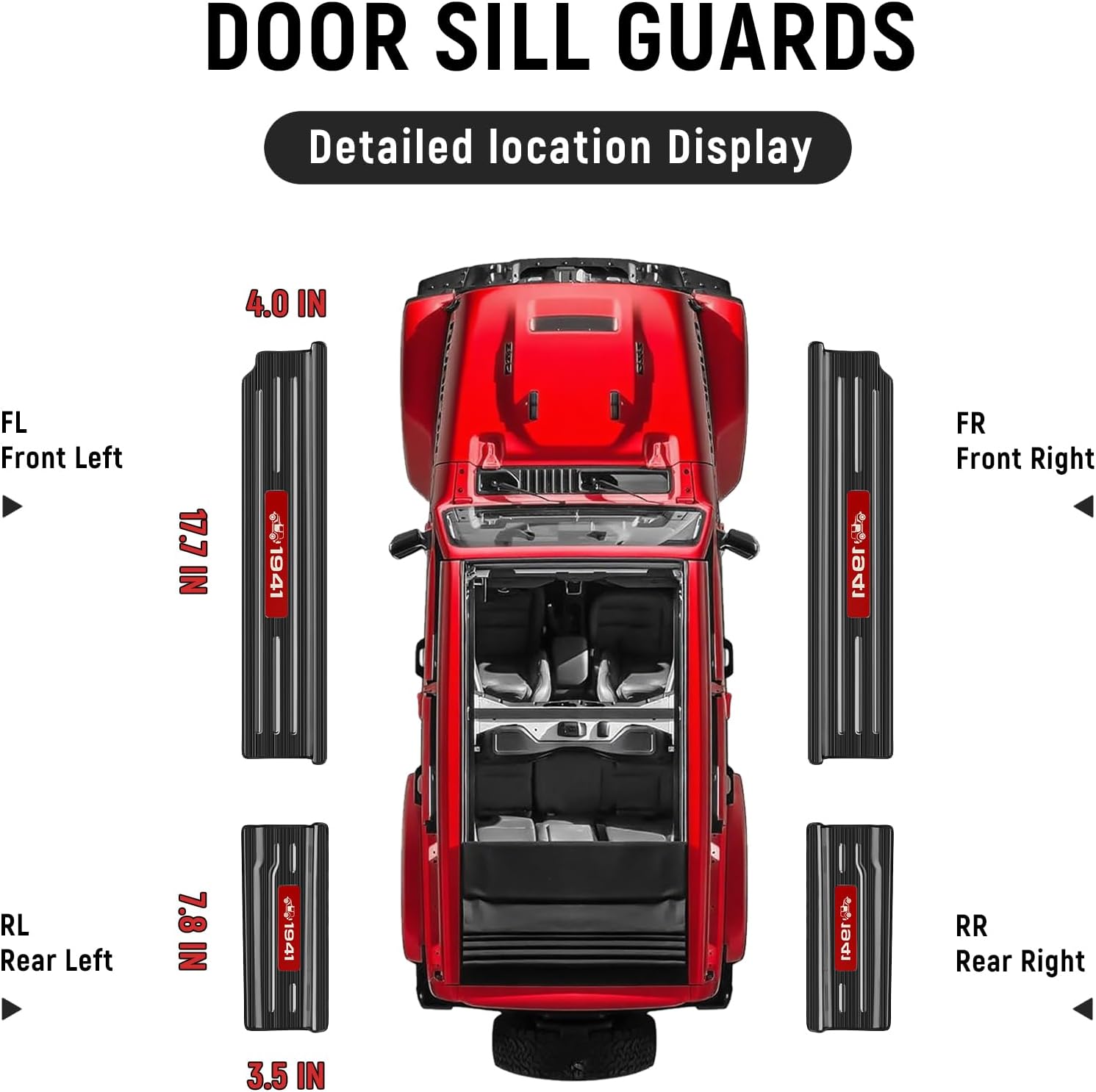 4PCS Door Sill Guards for Jeep 2018-2025 Wrangler JL JLU & 2020-2025 Gladiator JT Accessories Stainless Steel Material Red Trim Door Sill Protector Black Brushed Front Rear Door Entry Guard