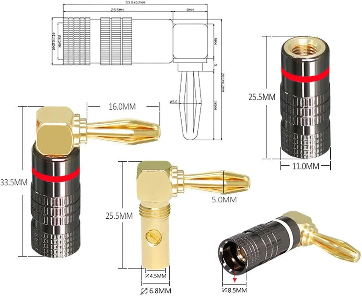 Dual Screw Lock Banana Speaker Cable Connector Right Angle Banana Adapters Jacks Amplifier Connector Banana(24 Pieces)