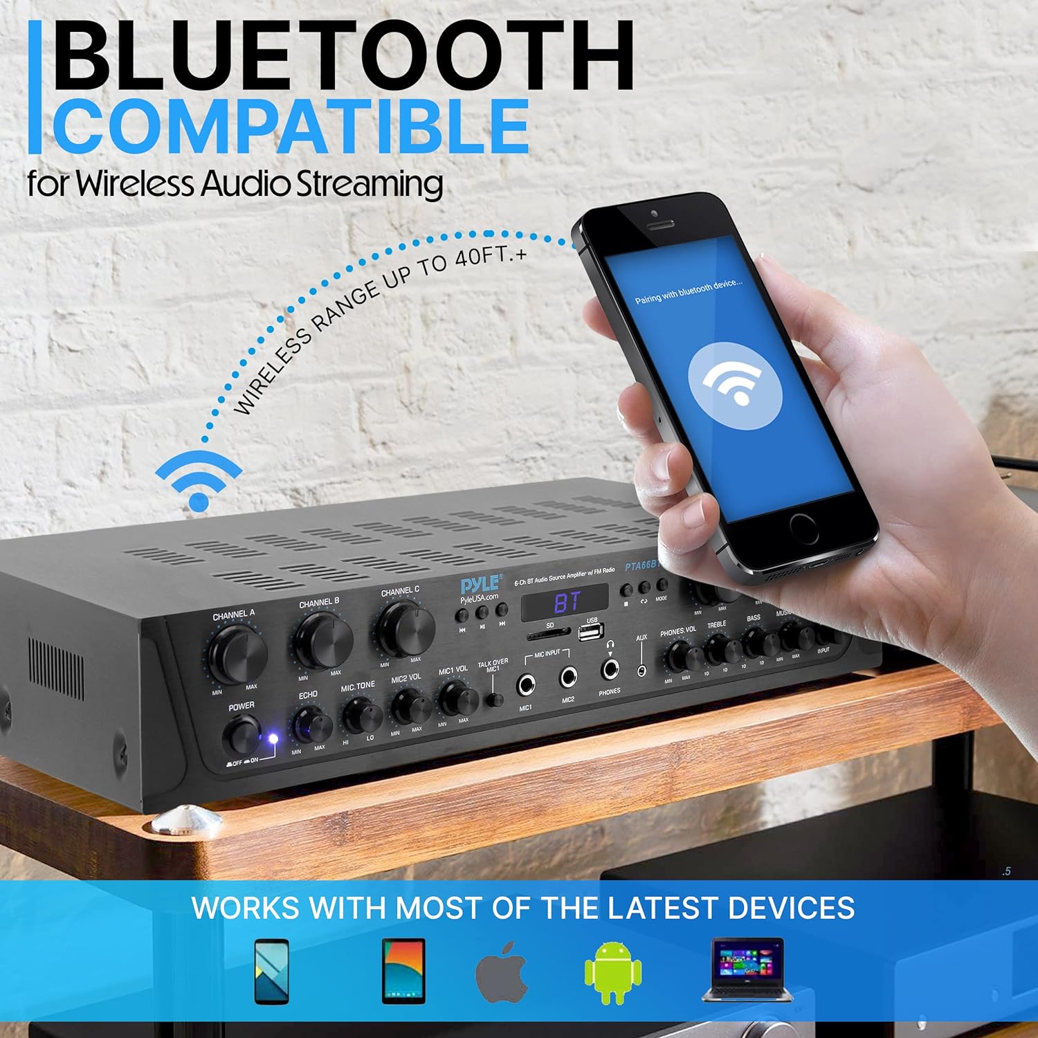 Pyle Bluetooth Home Audio Amplifier - 6 Channel Stereo Receiver Amp, 600 Watt Power, Commercial or Karaoke with Mic Talkover, Headphone Jack, 1/4'' Microphone In, USB SD AUX RCA FM Radio