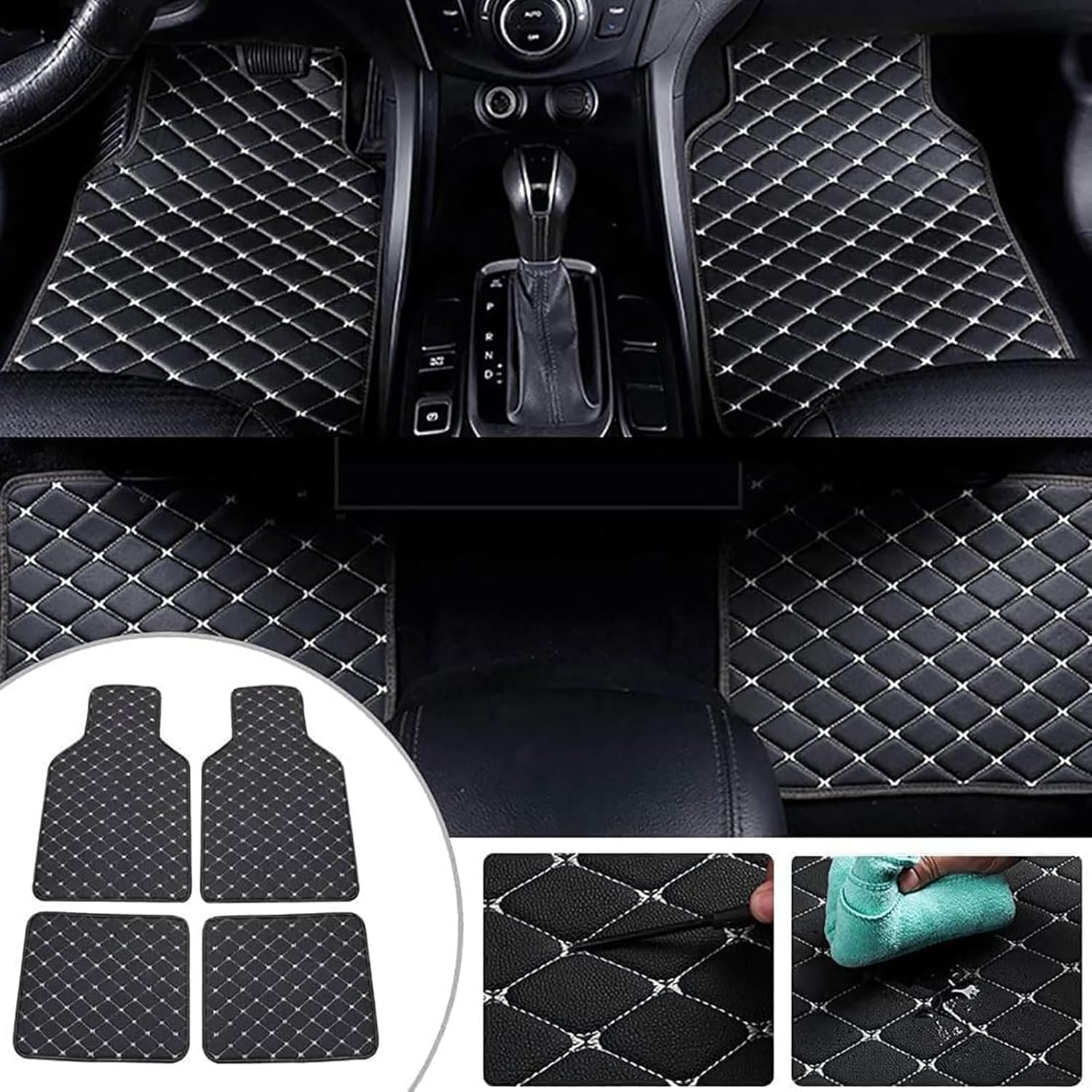 4 Pcs Leather Car Floor Mats for BMW i8 2014 2015 2016 2017 2018-2020, Custom Front Rear Row Foot Pads Liners Waterproof Anti-Slip Carpet Protection Interior Accessories,C/Black-Beige