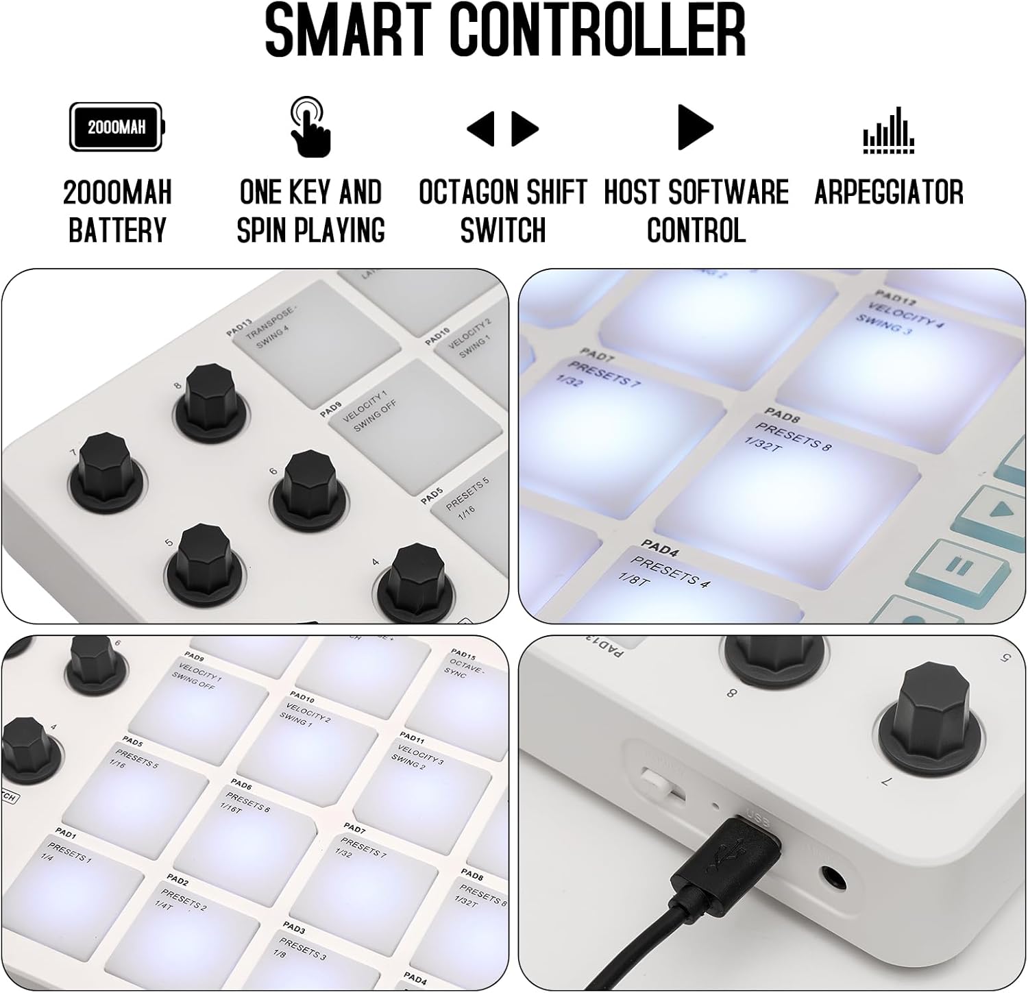 Wireless MIDI Controller Pads, Bluetooth Portable USB MIDI Controller with 16 Drum Pads, 8 Assignable Knobs, Note Repeat, Full Level Buttons, Rechargeable battery (White Pad)