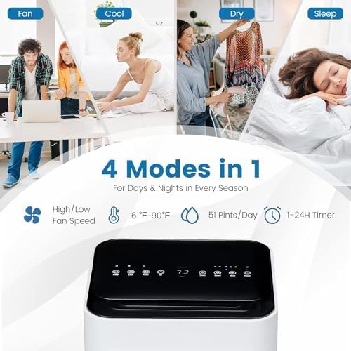 LDAILY Portable Air Conditioners, 4-in-1 Quiet Air Cooler with Fan, Dehumidifier, Sleep Mode, Remote, Touch Screen, 1-24 Timer, AC Unit for Bedroom, Home, up to 350 Sq.Ft (White + Black, 10000 BTU)