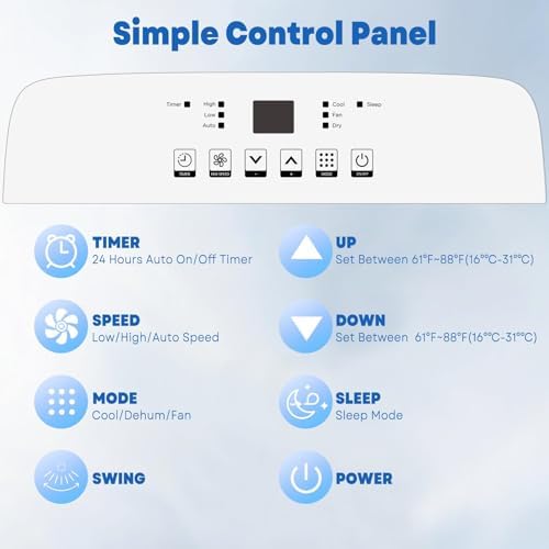 10000BTU Portable Air Conditioner Air Conditioner Unit with Remote Control, Cool, Fan and Dry Functions, Cools Up to 450 Sq. Ft, with Sleep Mode/24Hrs Timer for Bedroom, Office, Living Room