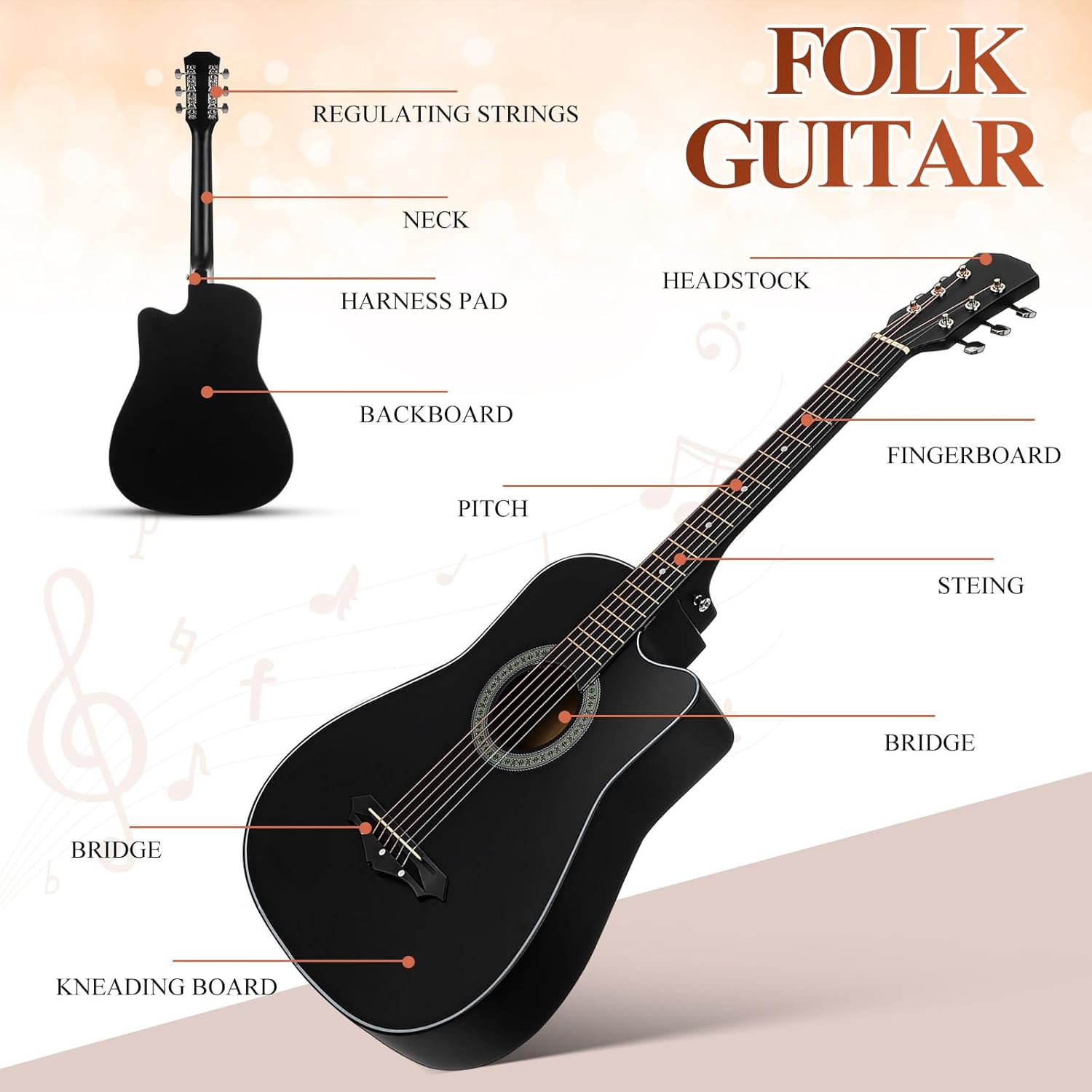 Beginner Acoustic Guitar: 38 Inch Basswood Guitar Basic Starter Kit with Gig Bag, Picks, and Protective Plate - Musical Instrument Present