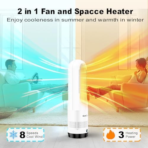 Bladeless Tower Fan for Bedroom, 22Inch 1400W Space Heater & 40W Cooler Fan Combo with Remote, Overheat & Tip-Over Protection, 80° Oscillating, 9H Timer, LED Display for Bedroom, Kitchen, Office