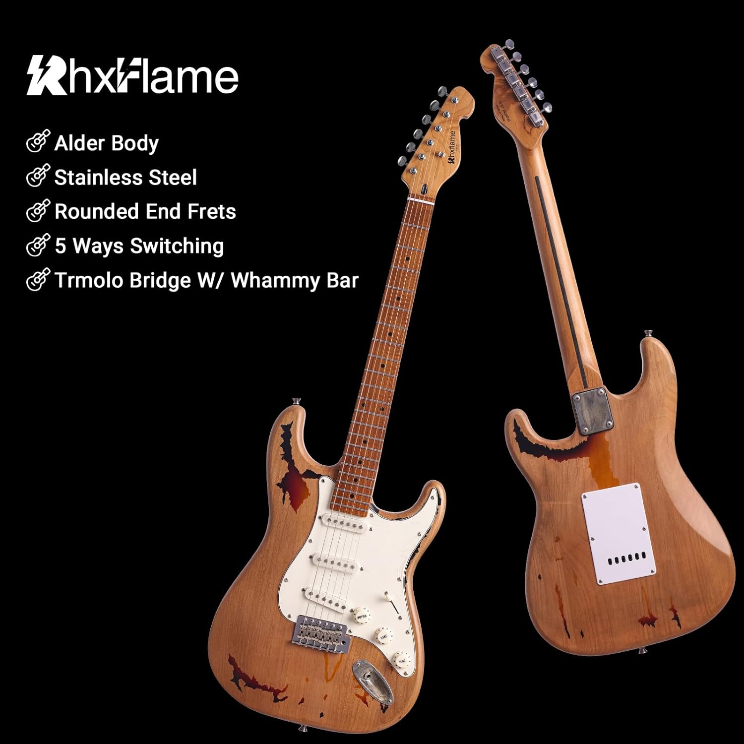 6 Strings Heavy Vintage Sunbust Electric Guitar, Alder Body, Roasted Maple Neck, Rounded Frets, Vintage Tuners, Professional/Full Size/Electric Guitars for Adults