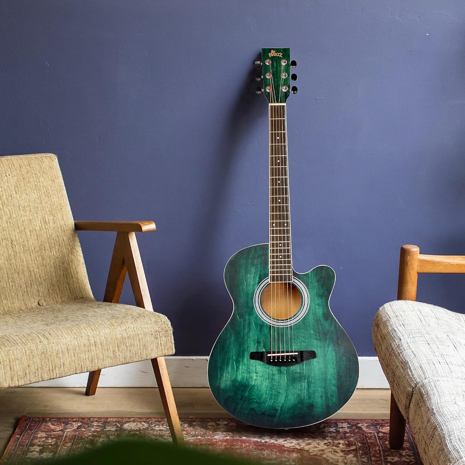 WINZZ HAND RUBBED Series - 40 Inches Cutaway Acoustic Acustica Guitar Beginner Starter Bundle with Online Lessons, Padded Bag, Stand, Tuner, Capo, Guitar Chords, Strap, Picks, Dark Hunter Green