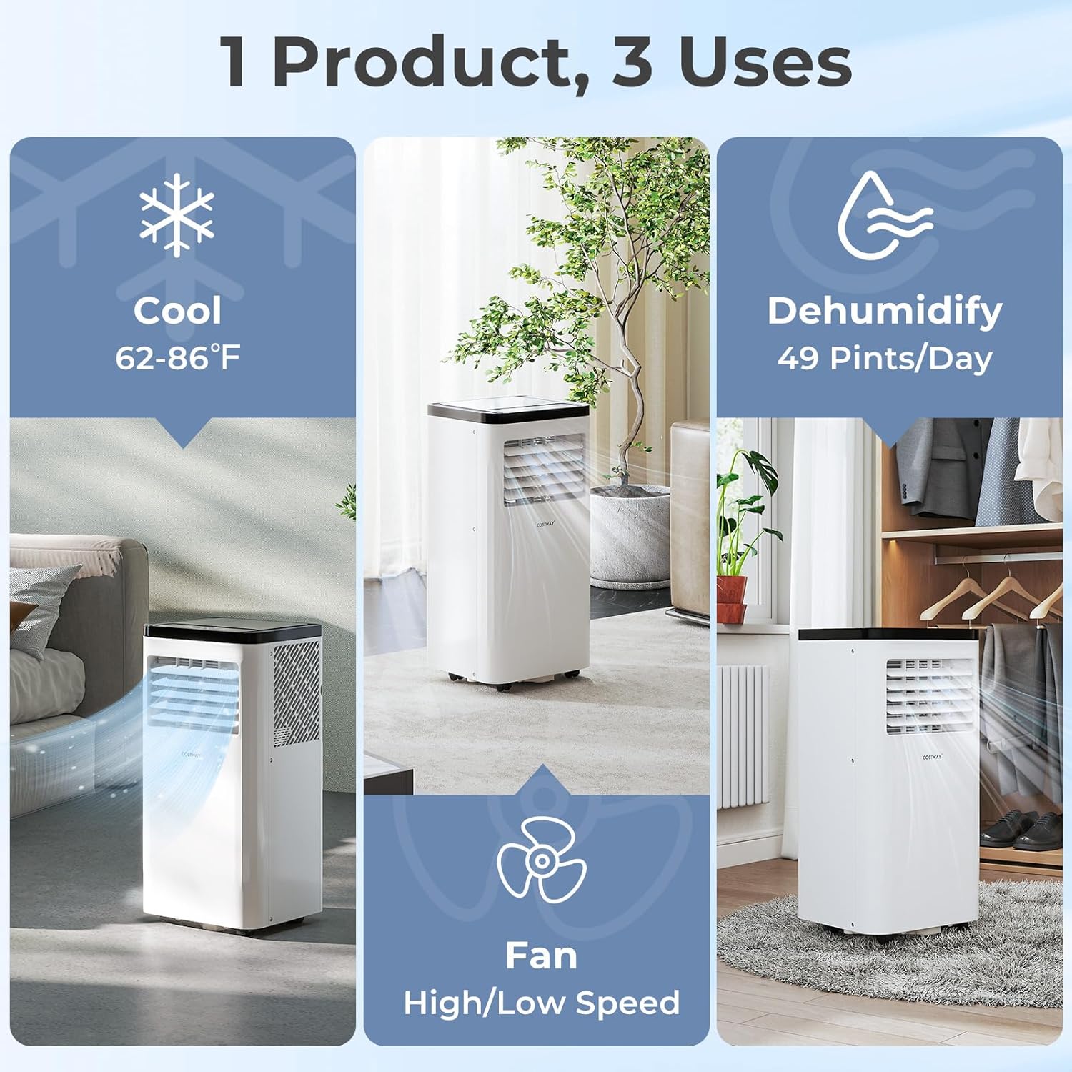 COSTWAY 10000 BTU Portable Air Conditioner, 3 in 1 AC Unit w/Sleep Mode, 24H Timer, LED Display, Remote Control & Window Kit, Energy-saving Air Cooler for Rooms up to 450 Sq.Ft (10000 BTU)