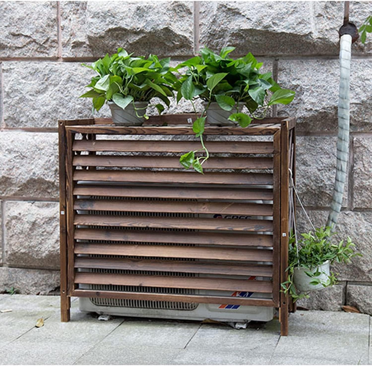 Air Conditioner Cover for Outside Units, Solid Wood Air Conditioning Flower Rack, Privacy Outdoor Screen, Louvered Plant Shelf for Balcony Garden Outdoor 103 * 44 * 93Cm