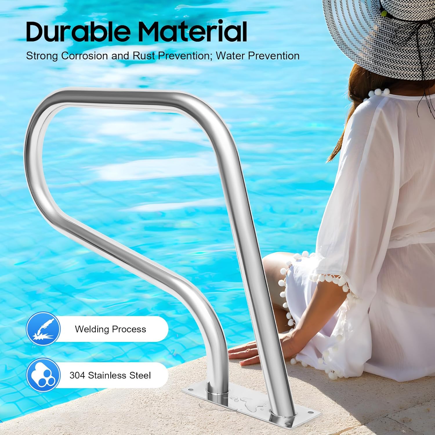 Pool Rail Pool Railing 304 Stainless Steel 264.55 LBS Load Capacity Silver U-Shaped Handrail Humanized Swimming Pool Handrail with Blue Grip Cover & Other Accessories