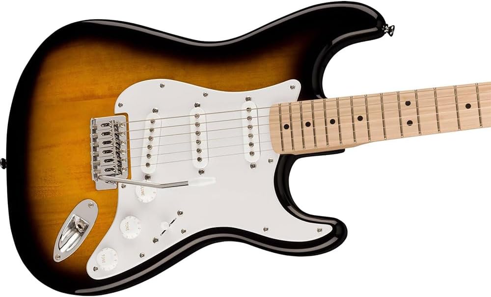 Squier Sonic Stratocaster Electric Guitar 2-Color Sunburst, Maple Fingerboard, White Pickguard Bundle with Fender Logo Guitar Strap Black, Fender 12-Pack Celluloid Picks, and Instrument Cable