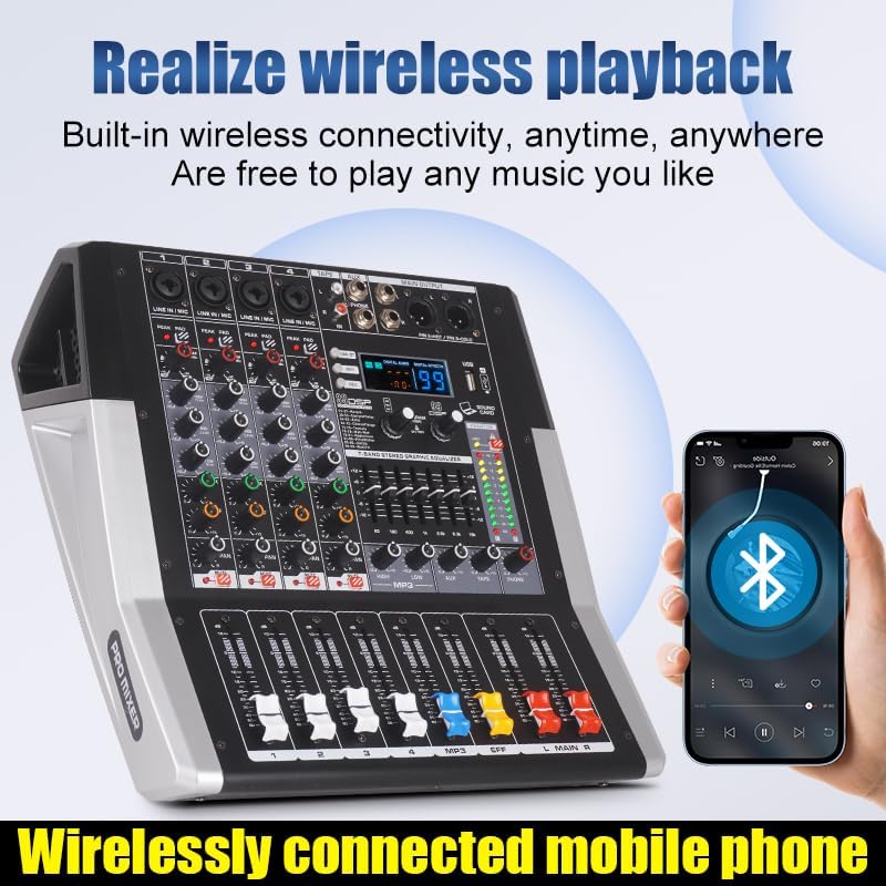 TF400 4-Channel Professional Audio Mixer with 99 DSP Sound with 7 Band Equalizer 4 Ohm 2 * 250 Watt Output +48V Bluetooth Power Amplifier for Recording DJ Stage/Karaoke (TF400)