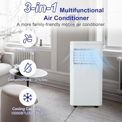 10000 BTU Portable Air Conditioner with Remote Control, Standing AC Unit, 3-in-1 Air Conditioner with Window Vent Kit/Digital Display/24h Timer, for Room Bedroom Home Garage RV