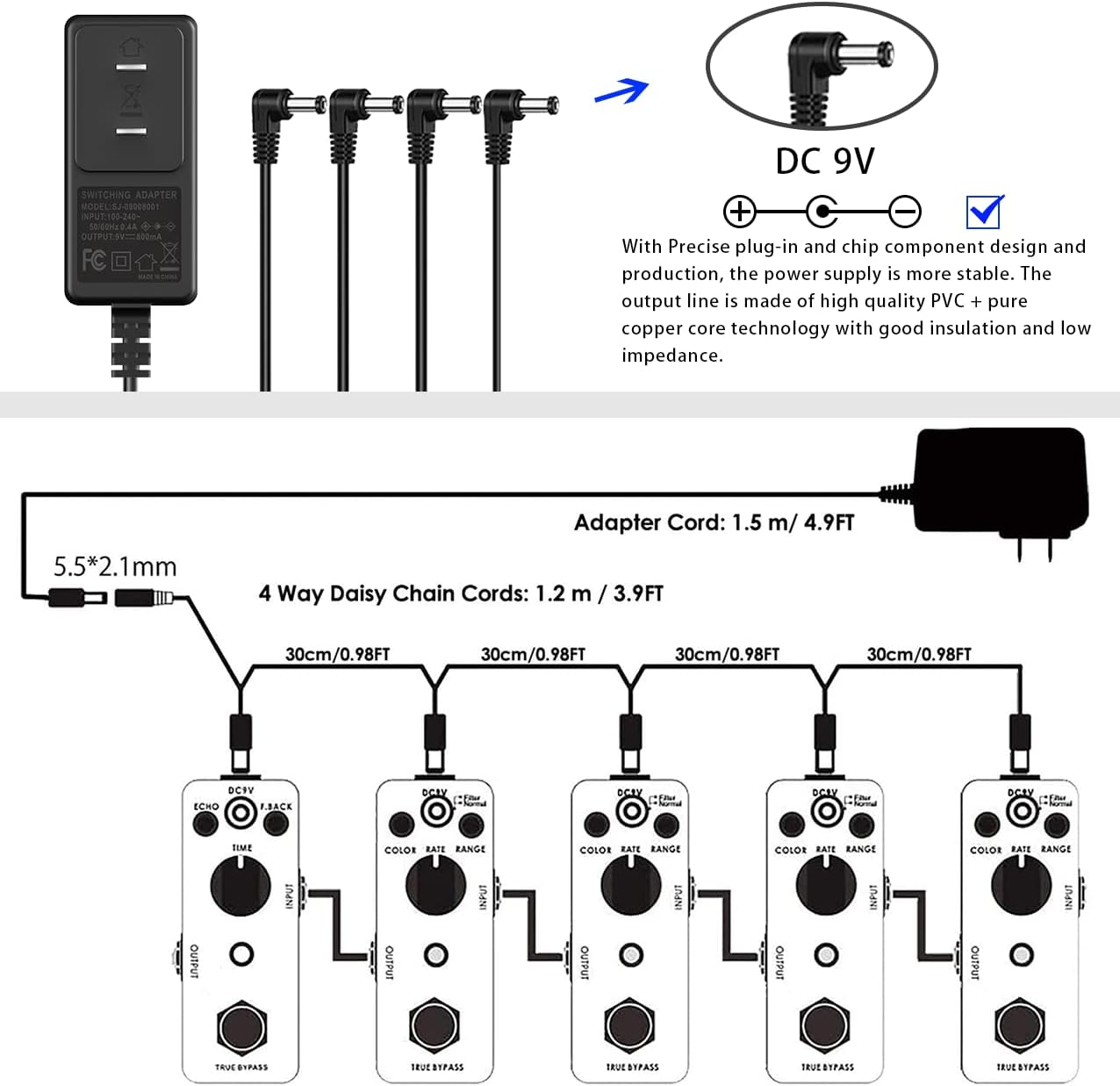 JOYO R-18 Modern Metal Tone Amp Simulation Pedal and DC 9V Power Supply (800mA -1A) Adapter