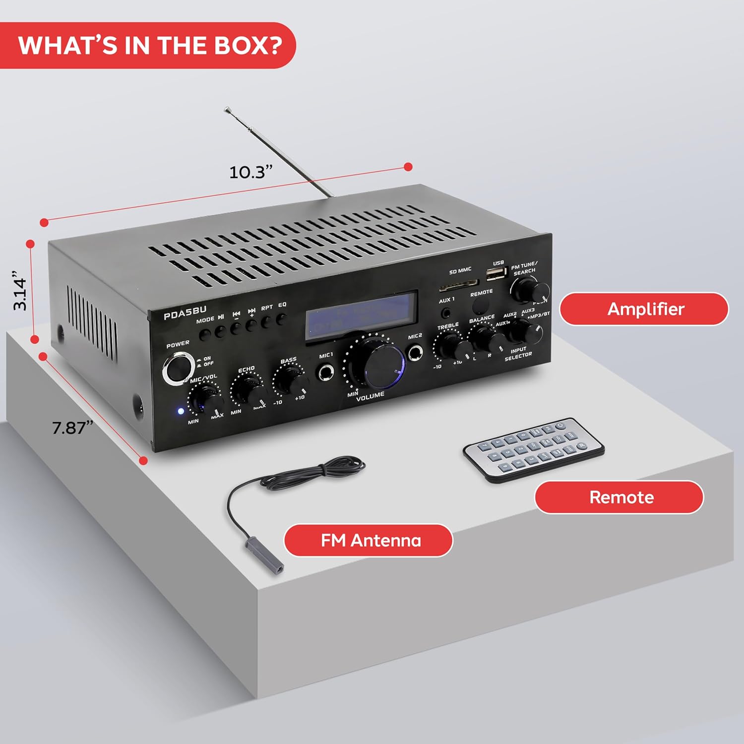 Pyle Wireless Bluetooth Power Amplifier - 200 Watt Audio Stereo Receiver w/ USB Port, AUX IN, FM Radio, 2 Karaoke Microphone Input, Remote, Home Entertainment System - PDA5BU