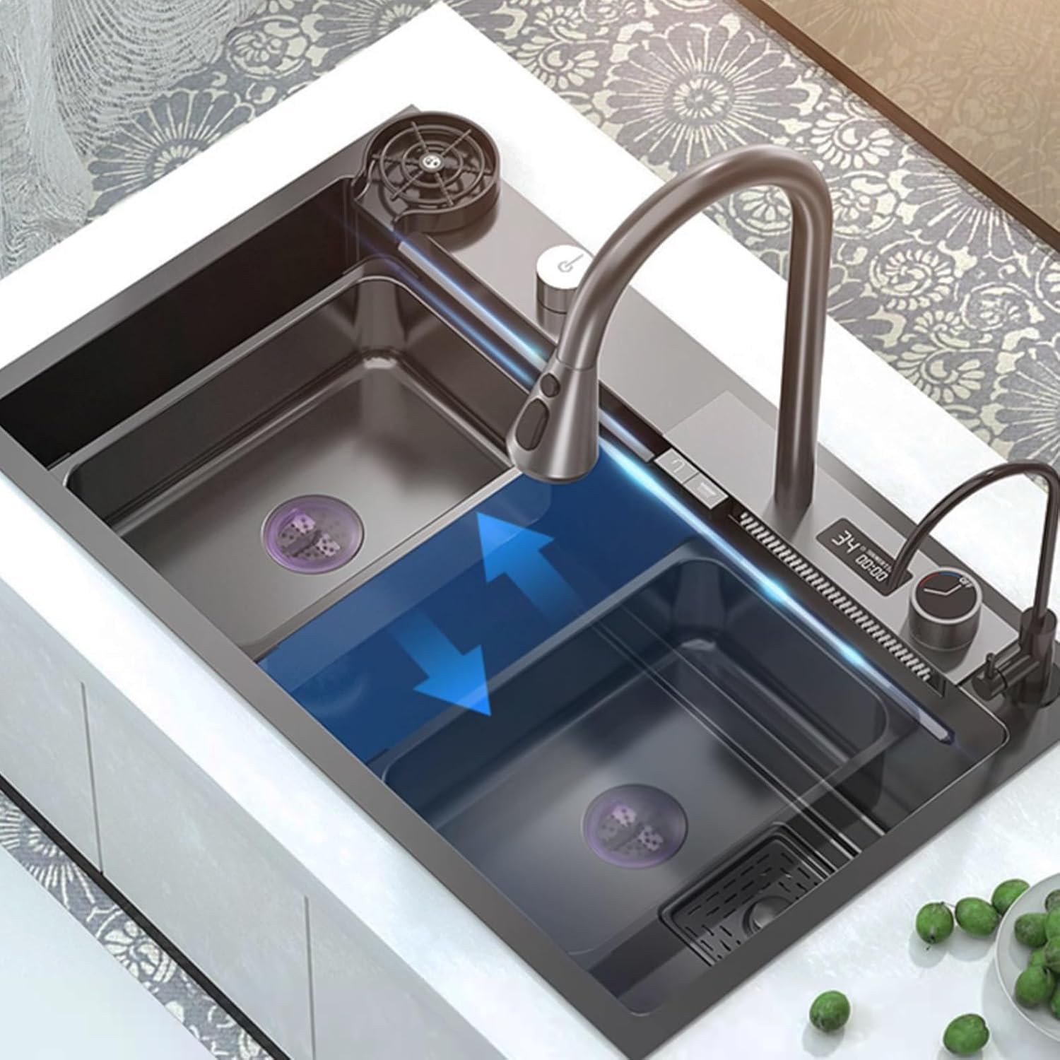 Kitchen Sink Tap,Black Kitchen Sink Digital Waterfall Faucet 304 Stainless Steel Sink Large Single Bowl Sink Including Cup Washer and Other Accessories (80x45x22cm)