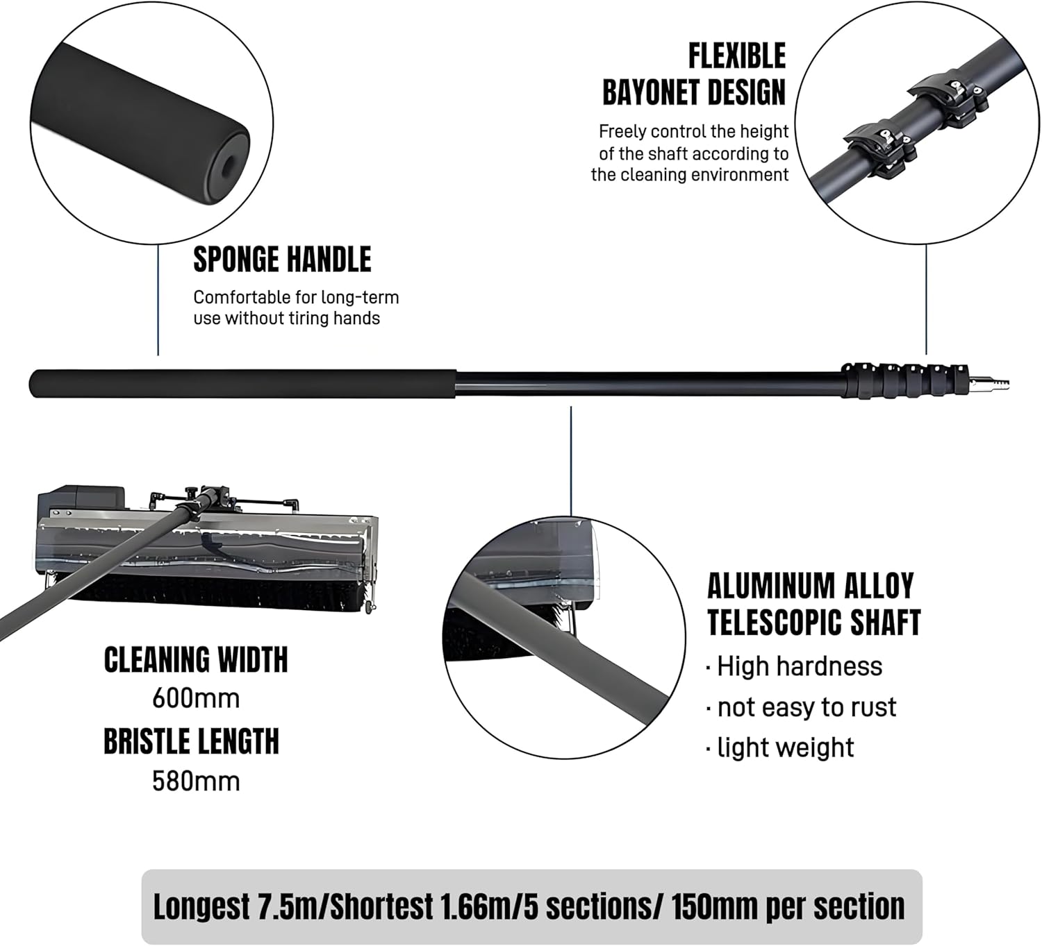 Telescopic Rod PV Panel Wash Cleaning Machine, Solar Photovoltaic Panel Cleaning Brush, Adjustable Length, Solar Panel Cleaning Equipment 24.6FT Battery
